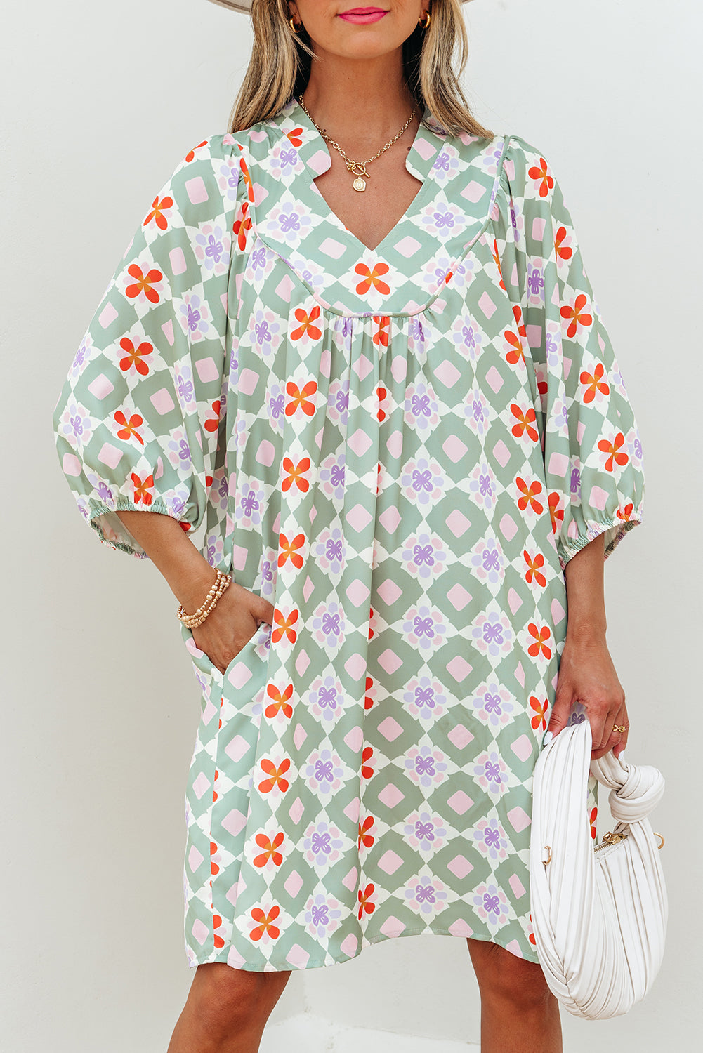 Green Geometric Floral Print 3/4 Sleeve Notched Neck Mini Dress