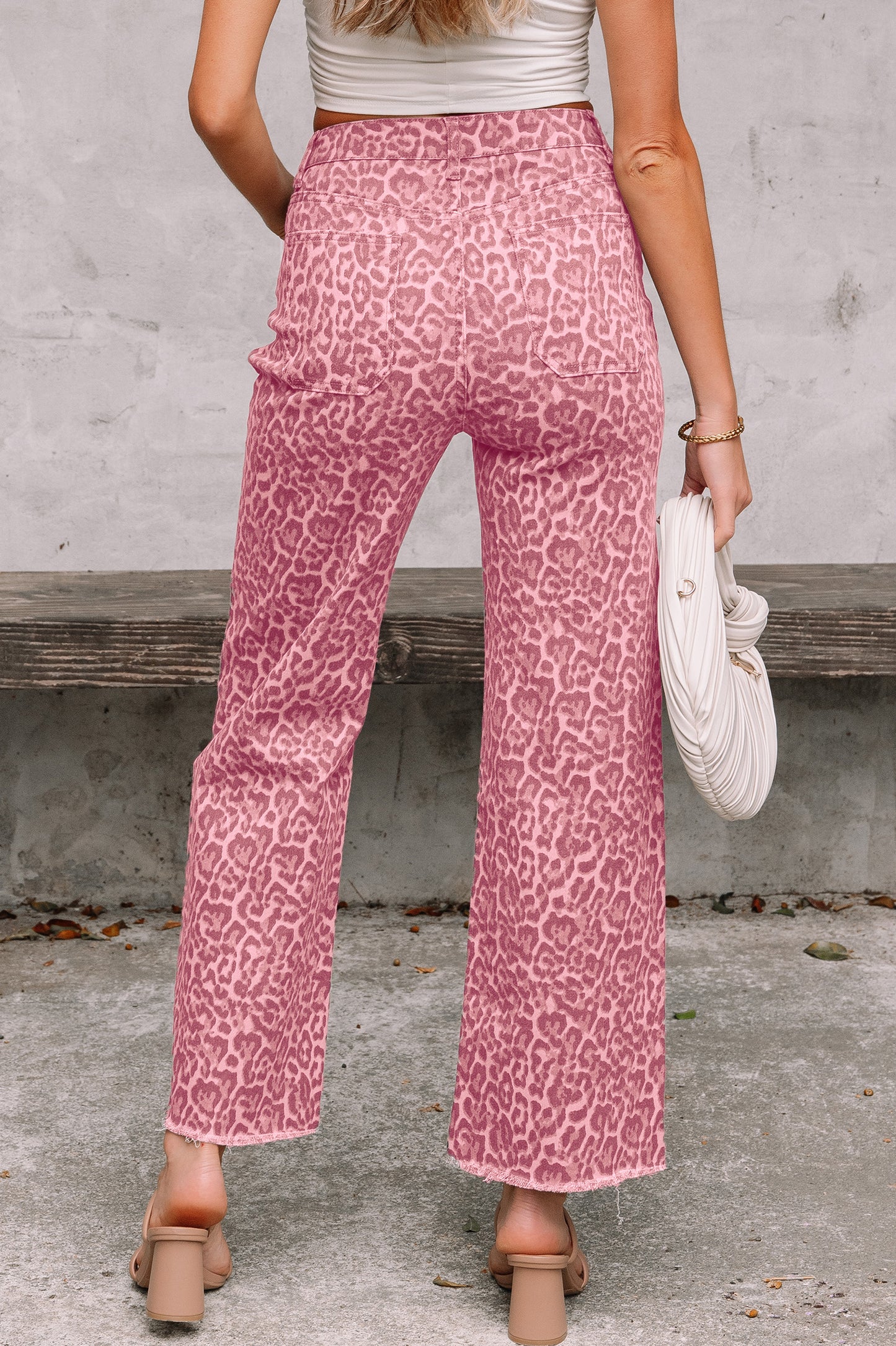 Gray Leopard Frayed Edge Wide Leg High Waist Jeans