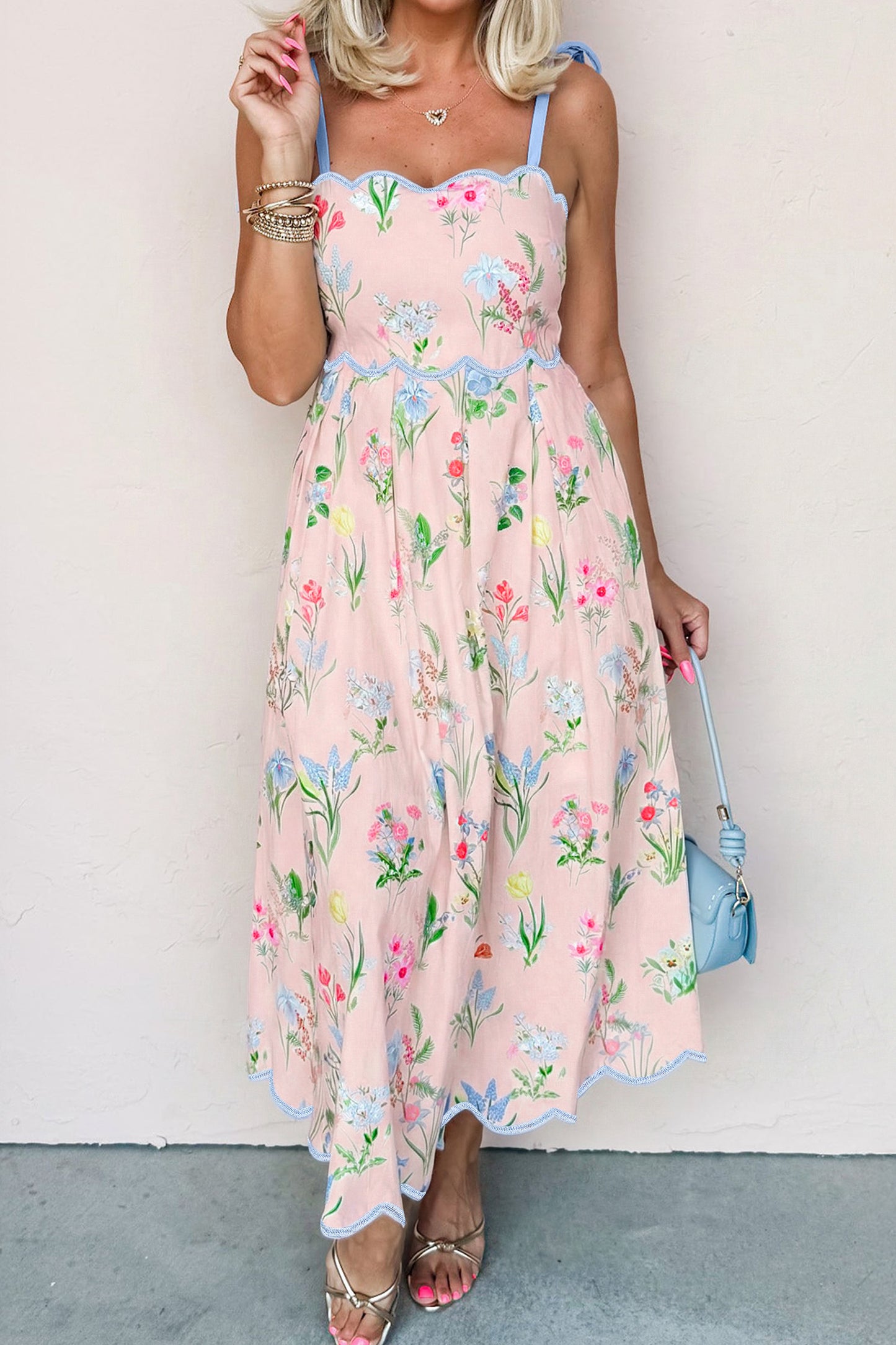 Beige Floral Print Contrast Trim Self-tie Straps High Waist Midi Dress