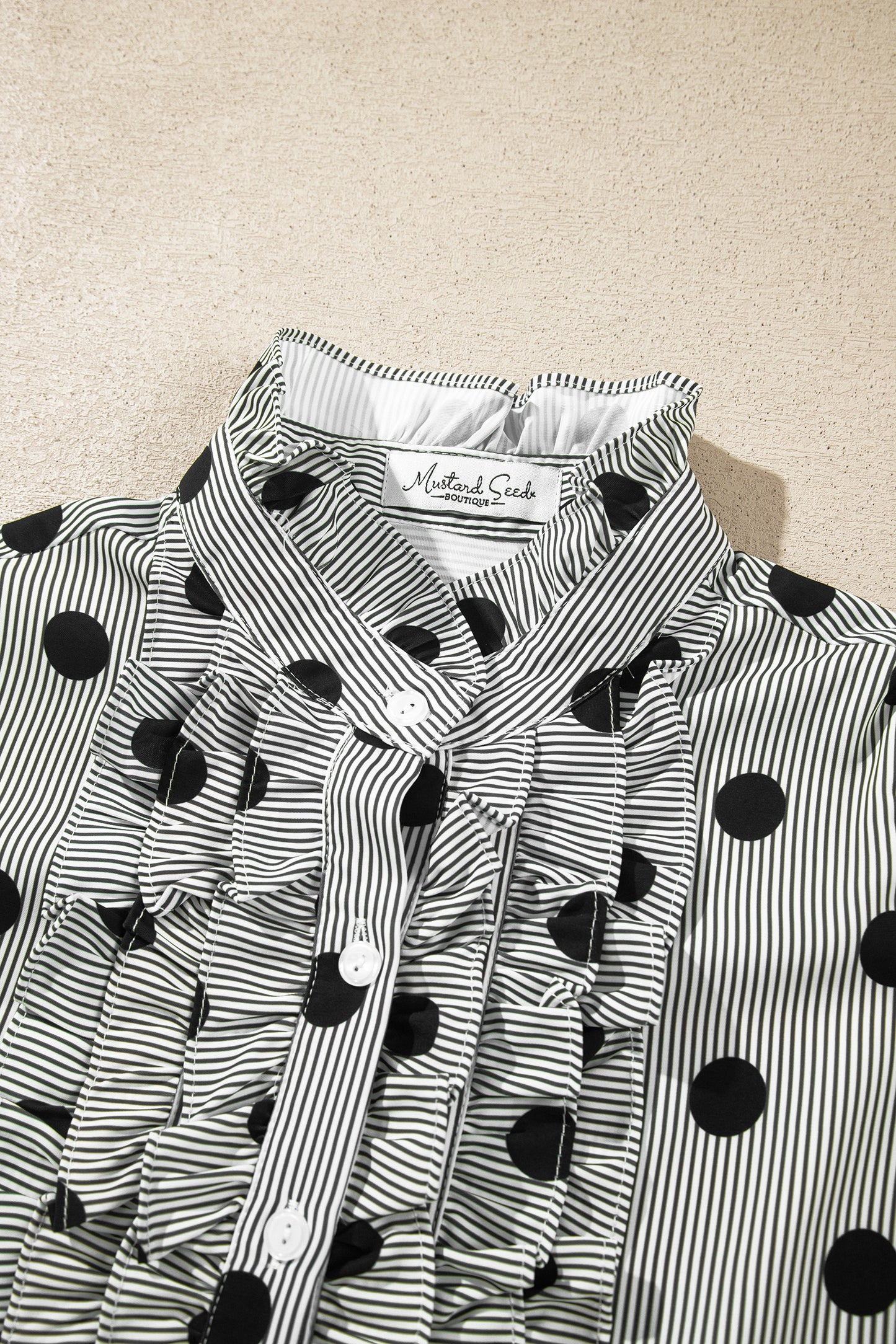 Black white Polka Dot Striped Print Ruffle Stand Neck 3/4 Sleeve Shift Shirt