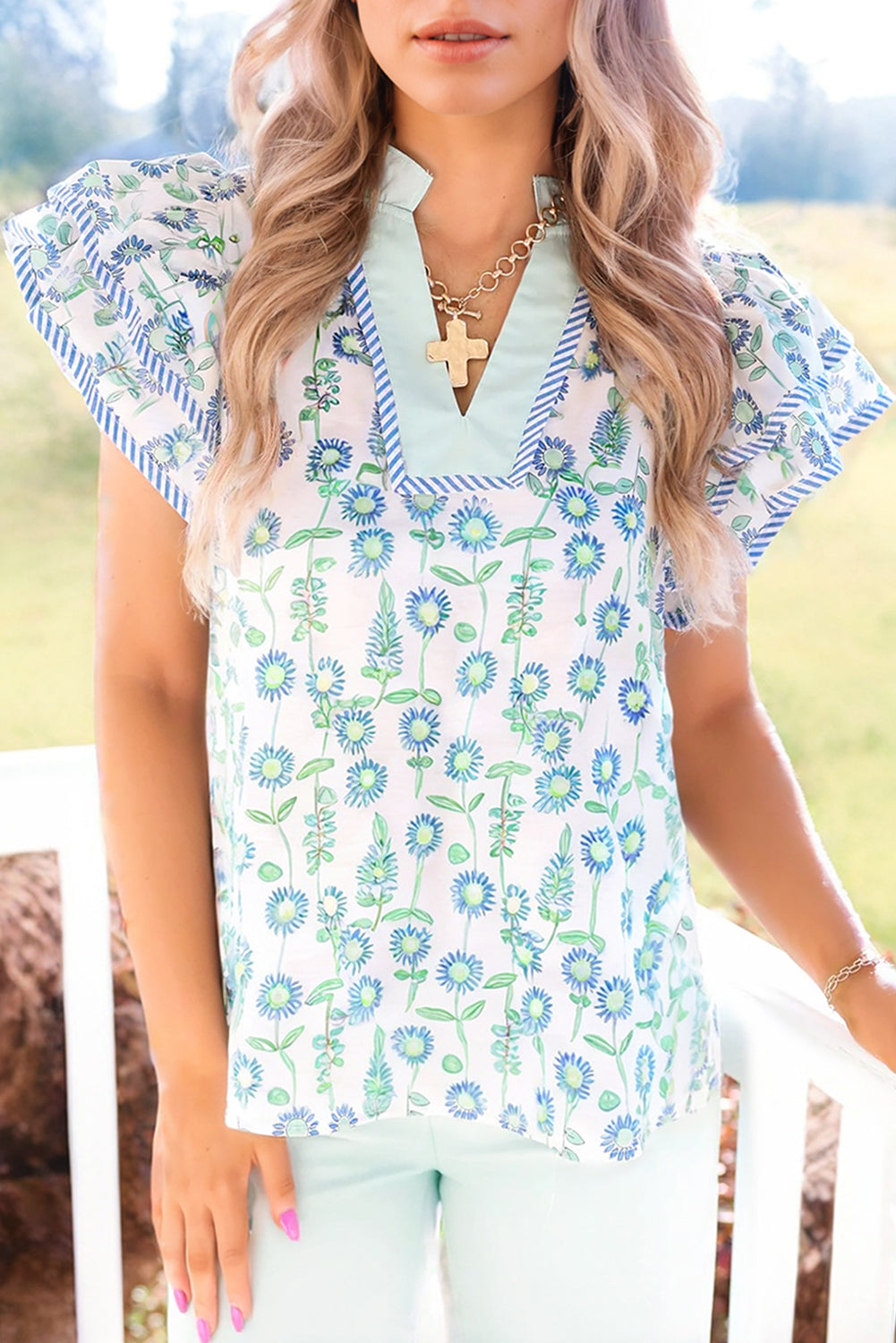 Green Floral Print Striped Trim Contrast V Neck Patchwork Boho Blouse