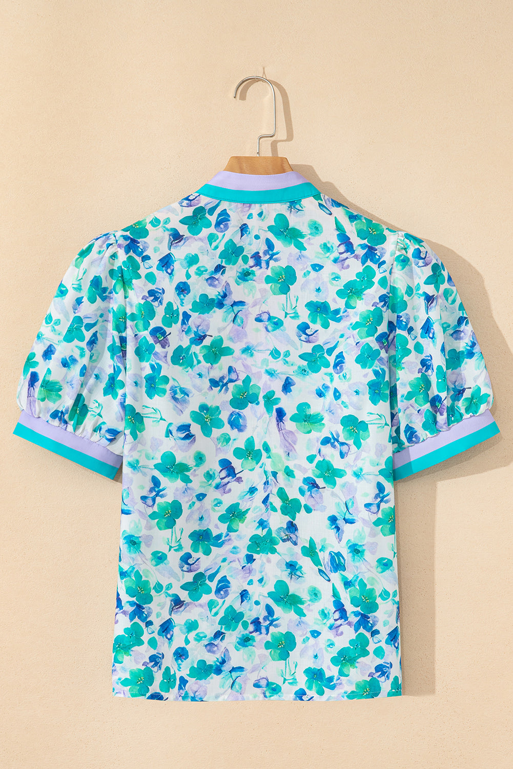 Green Floral Print Pop of Color V Neck Puff Short Sleeve Blouse