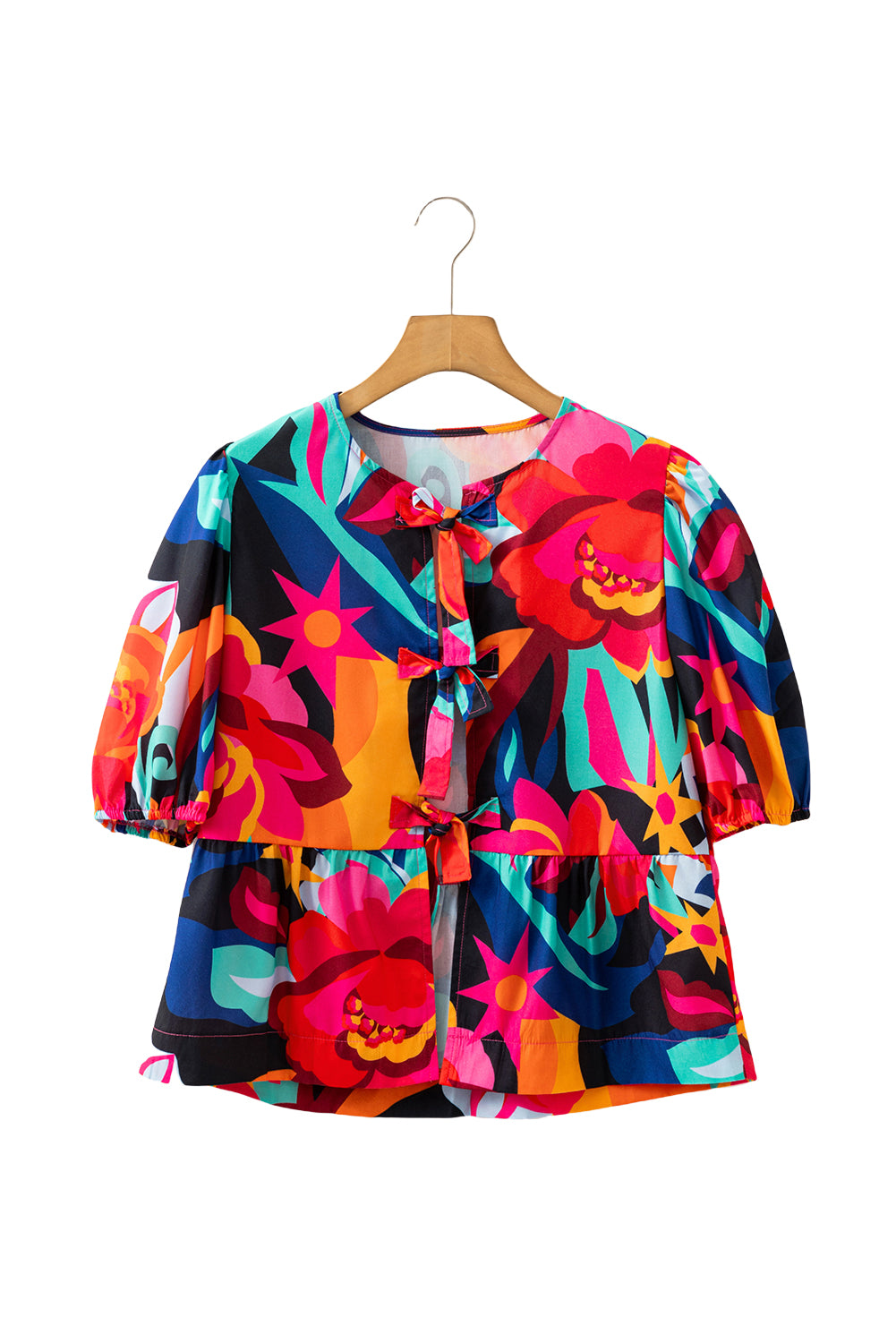 Red Abstract Print Tie Front Puff Sleeve Babydoll Blouse