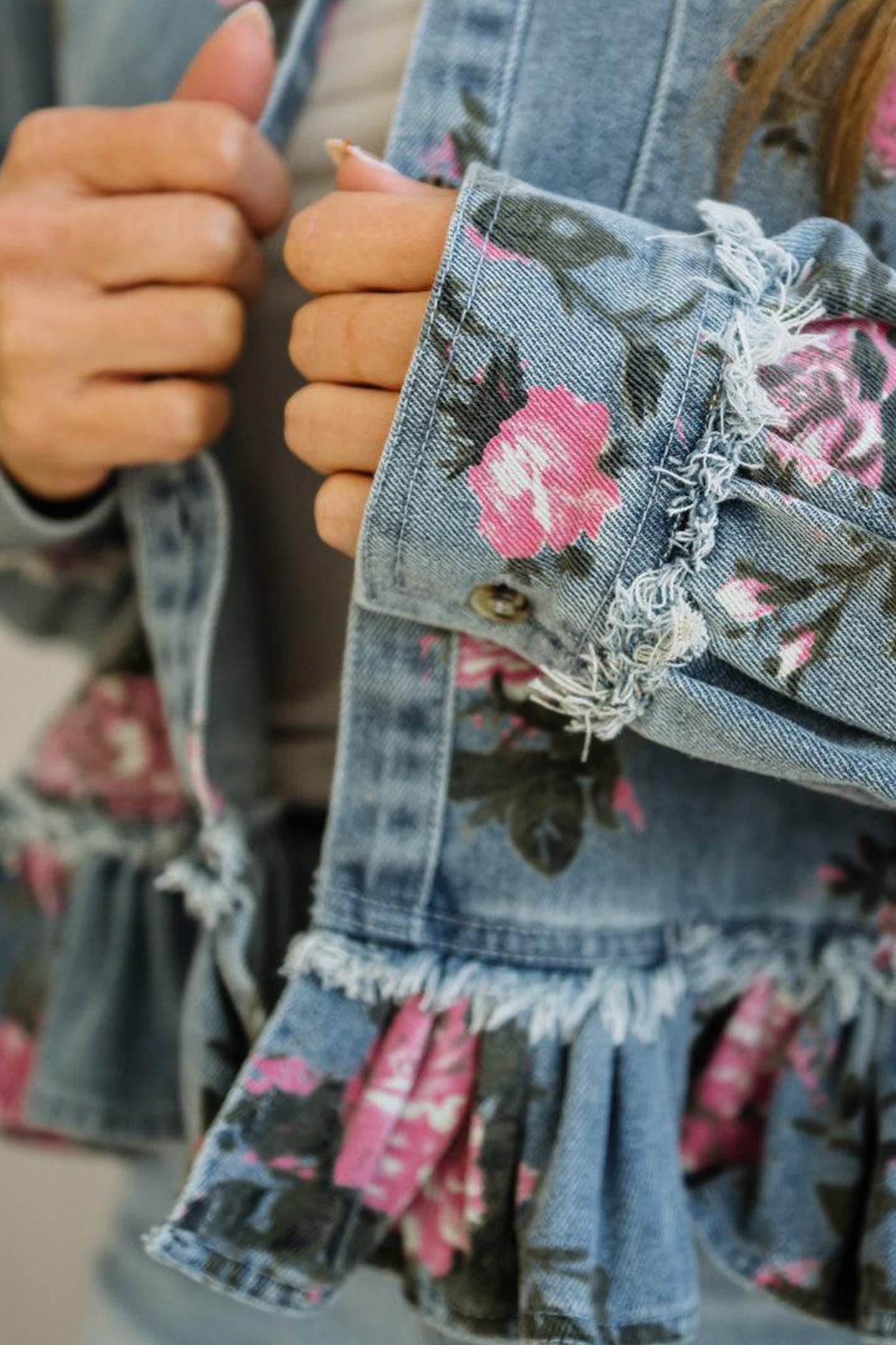 Sky Blue Floral Print Raw Seam Ruffle Hem Denim Jacket