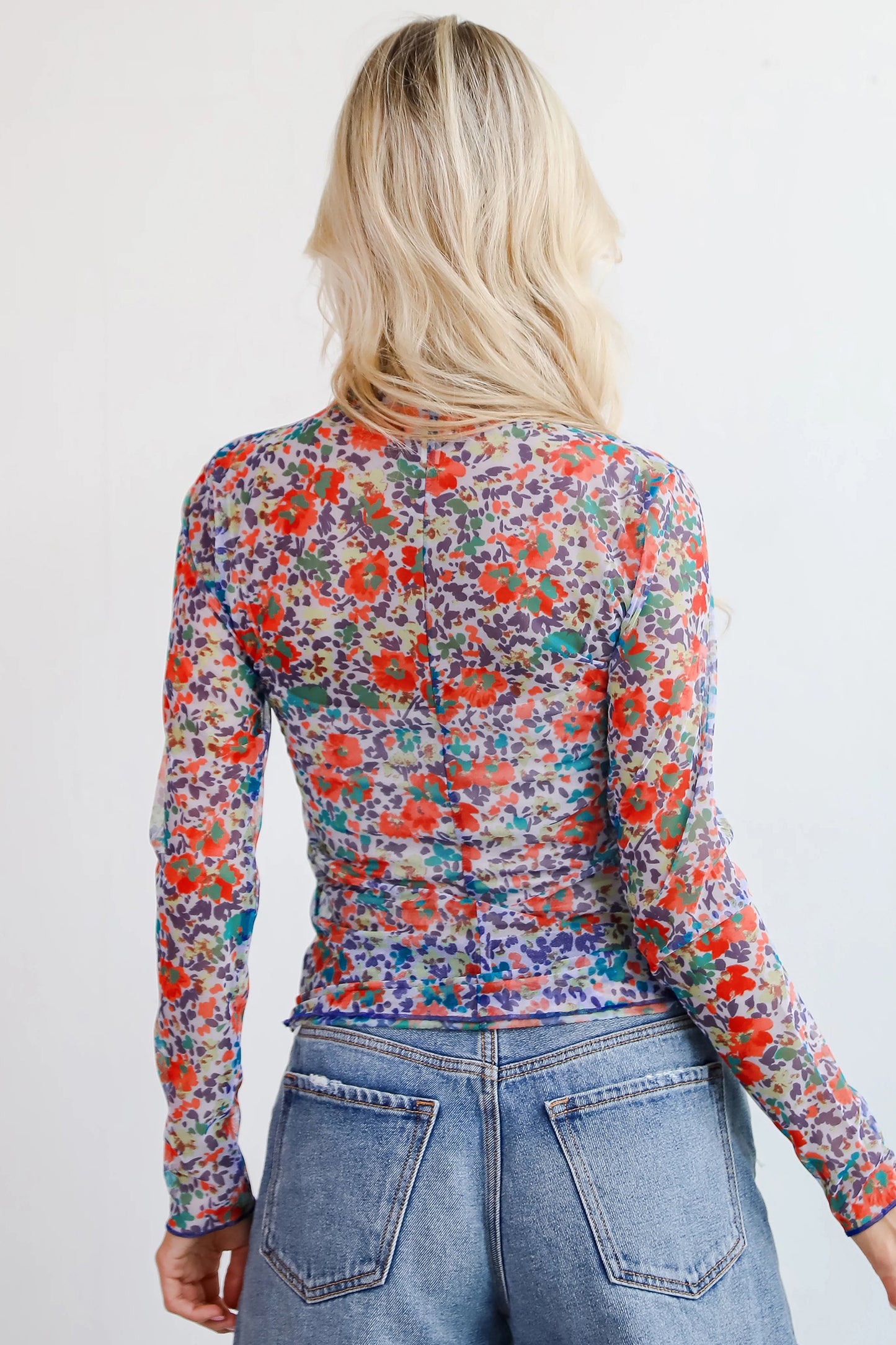 Rose Slim Fit Floral Mesh Long Sleeve Mock Neck Top