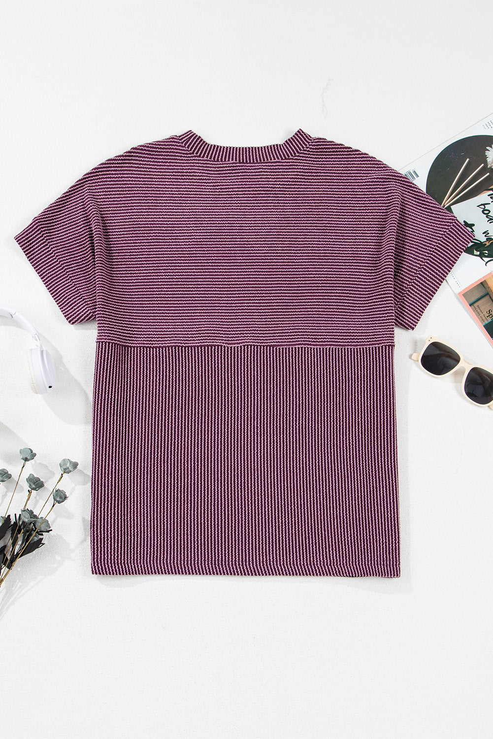 Bright Pink Plain Corded Mock Neck T Shirt