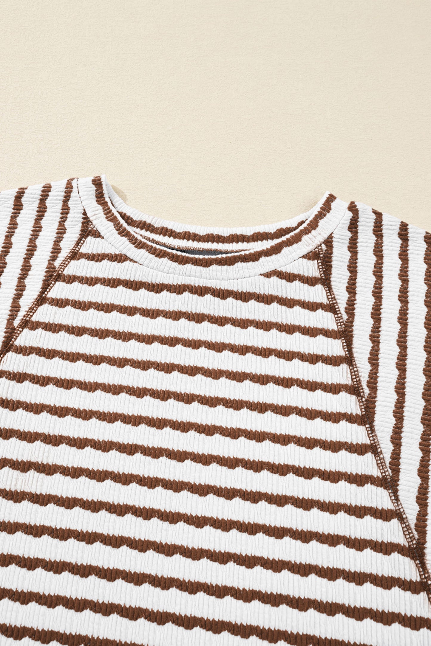Blue Stripe Textured Knit Split Hem Half Sleeve Loose Top