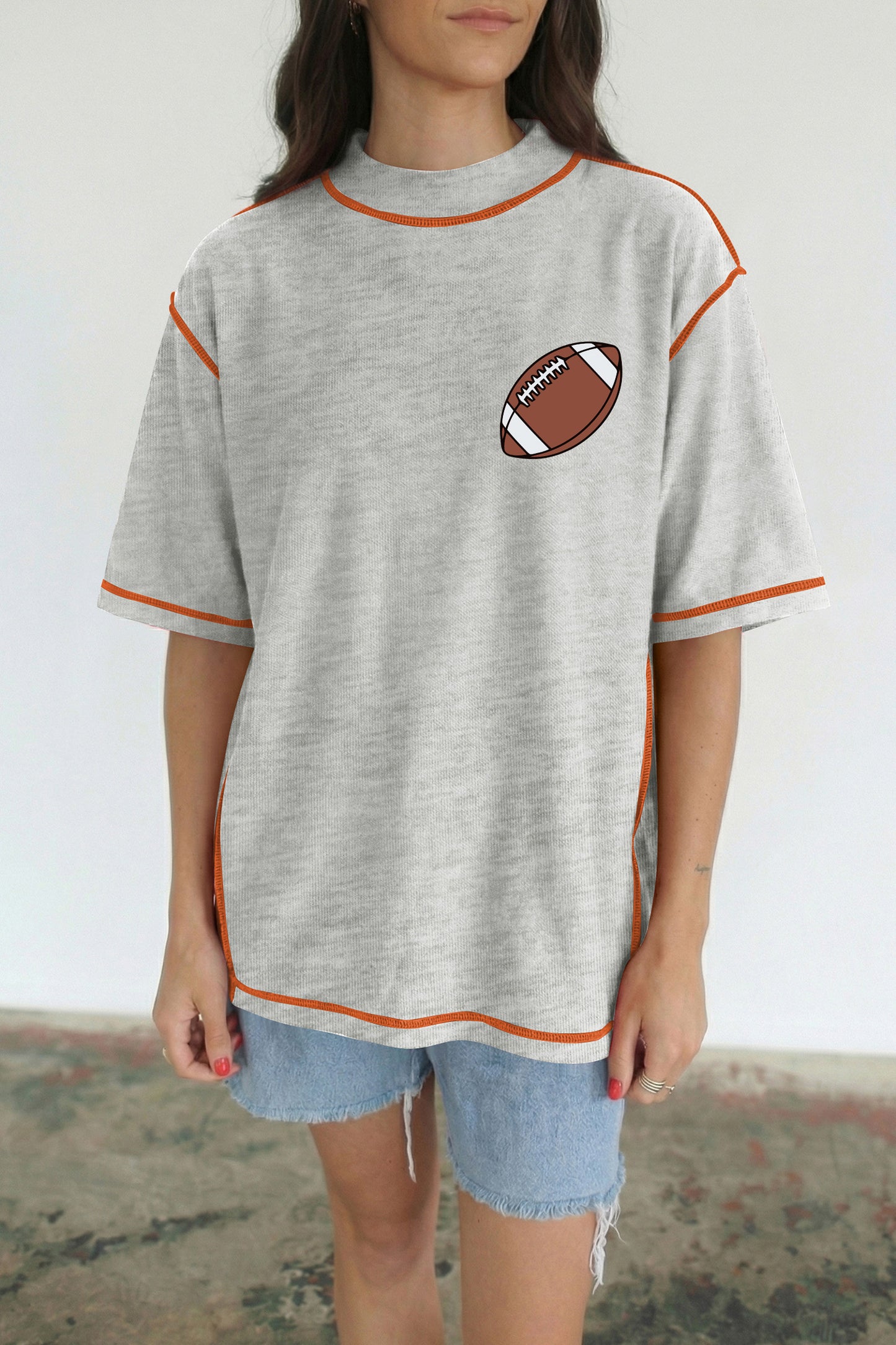 Light Grey Rugby/ Game Day Double Side Printed Mock Neck Stitched T Shirt