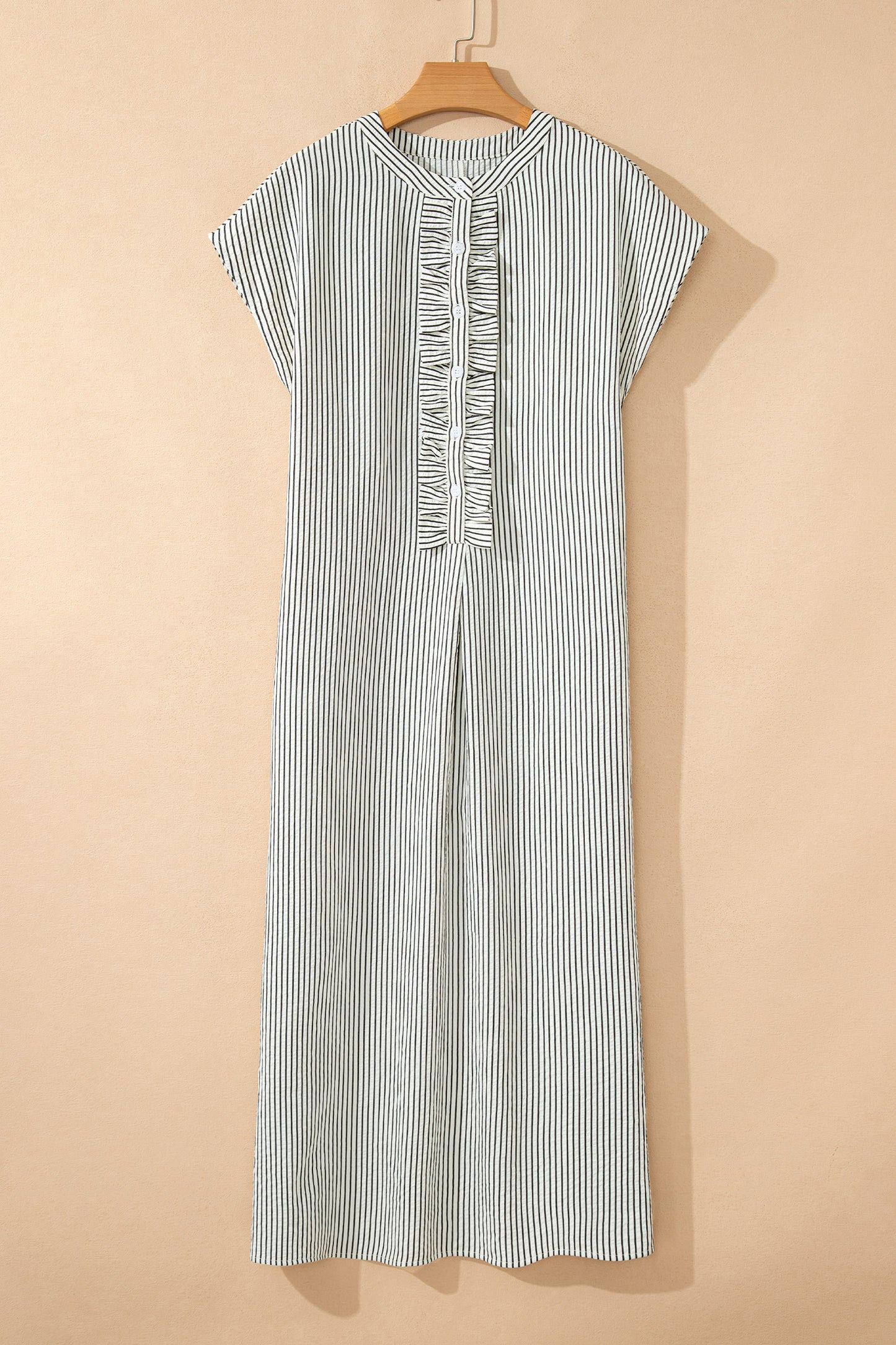 Red Stripe Frilled Detail Half Buttons Short Sleeve Long Dress