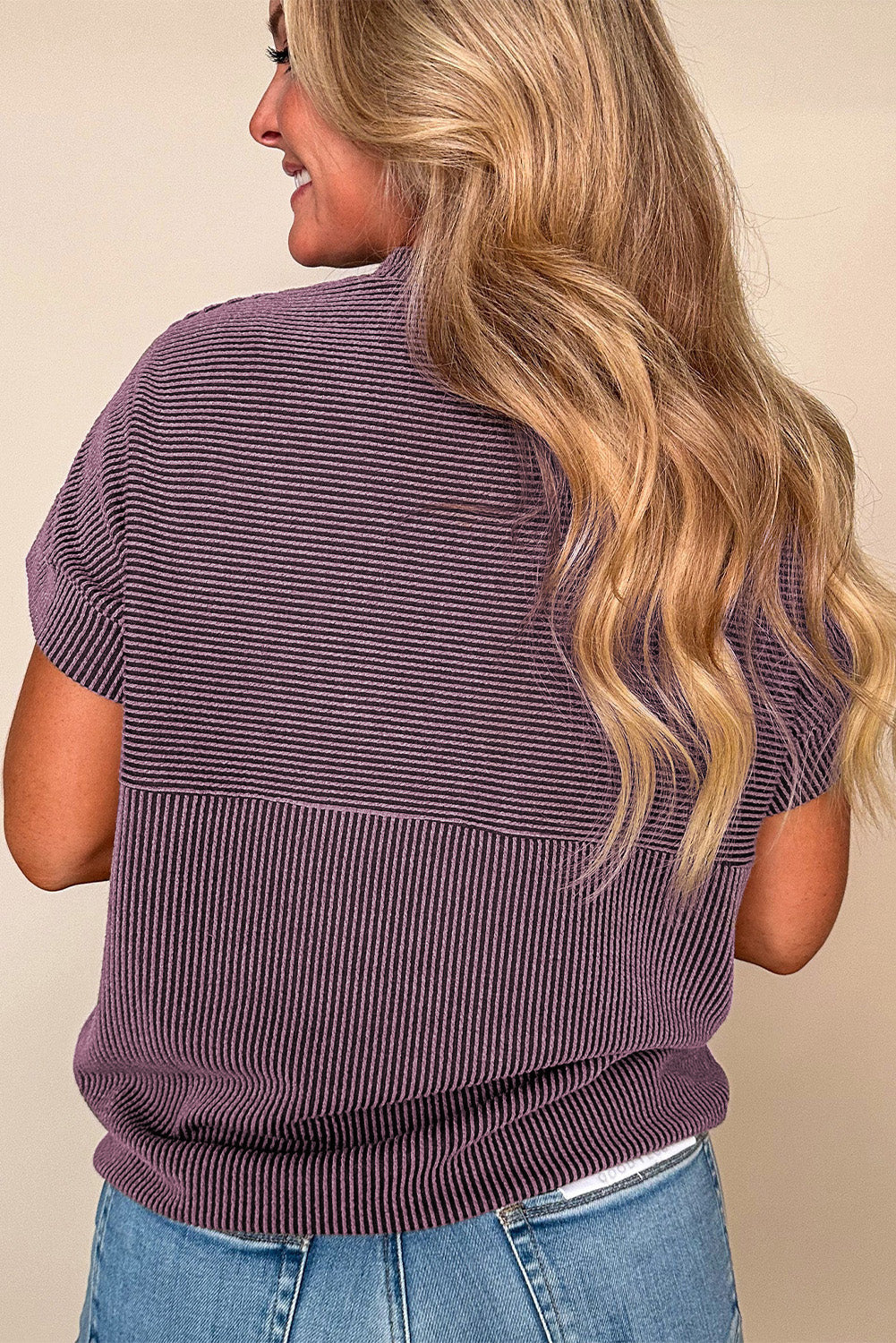 Bright Pink Plain Corded Mock Neck T Shirt