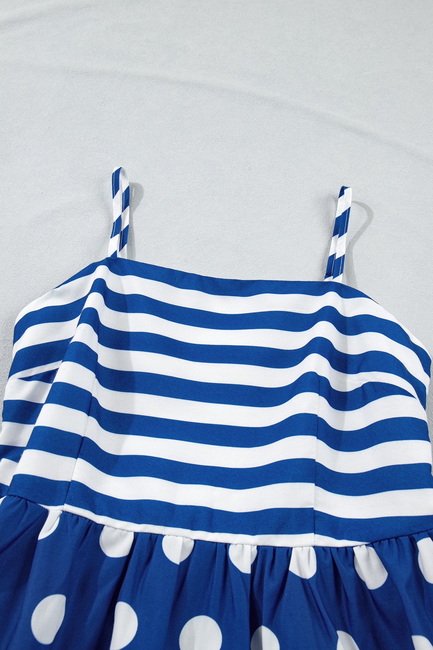 Blue Striped Polka Dot Patchwork High Waist Spaghetti Straps Maxi Dress