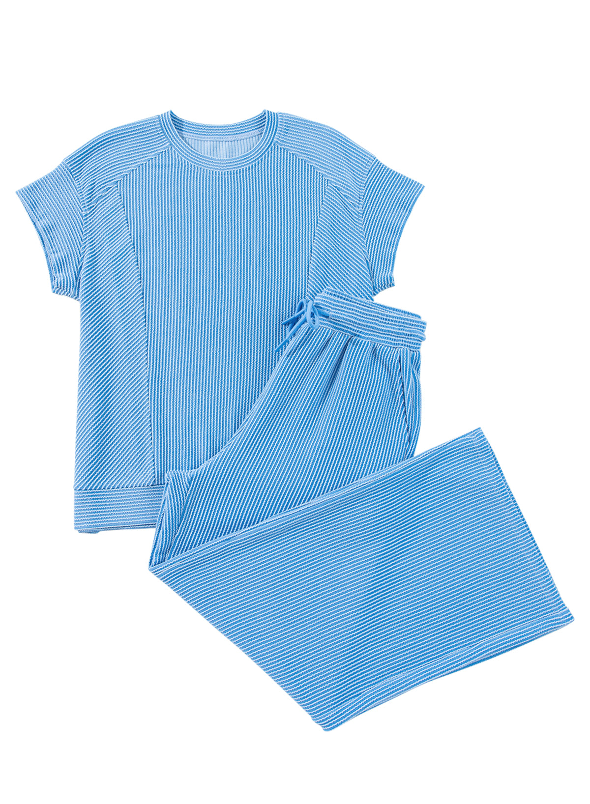 Bright Green Solid Corded T Shirt and Wide Leg Pants Set