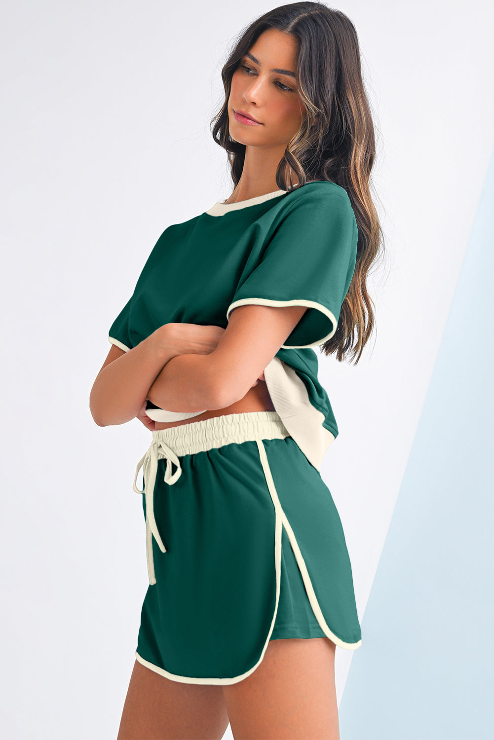 Moonlight Jade Colorblock Edge Drop Shoulder T Shirt and Skort 2Pcs Set