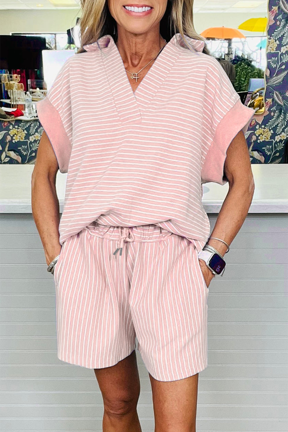 Purple Stripe Dolman Sleeve Polo Shirt and Drawstring Shorts Set