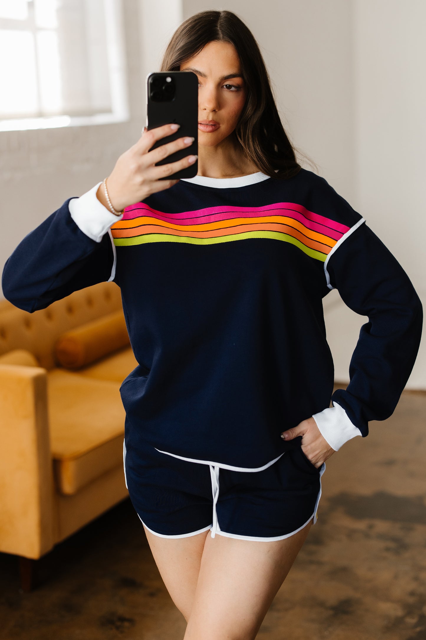 Bluing Colorful Striped Accent Varsity Long Sleeve Pullover and Shorts Matching Set