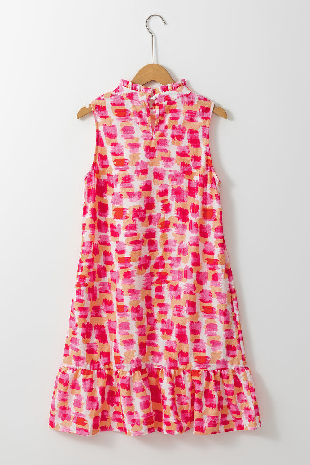Pink Abstract Print Frill Neck Sleeveless Mini Dress