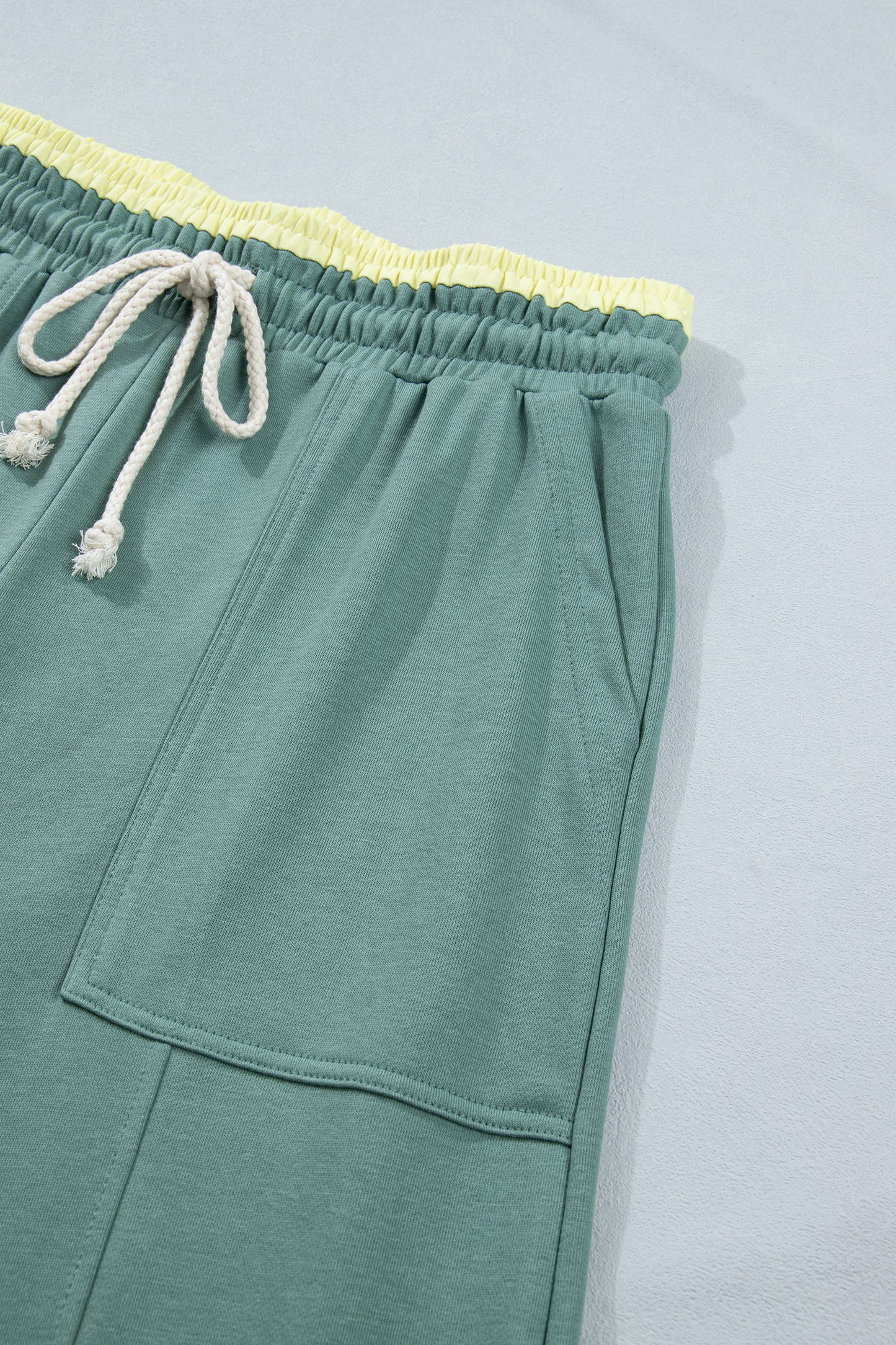 Sea Green Color Block Flower Patchwork Drawstring Contrasted Elastic Waist Wide Leg Pants