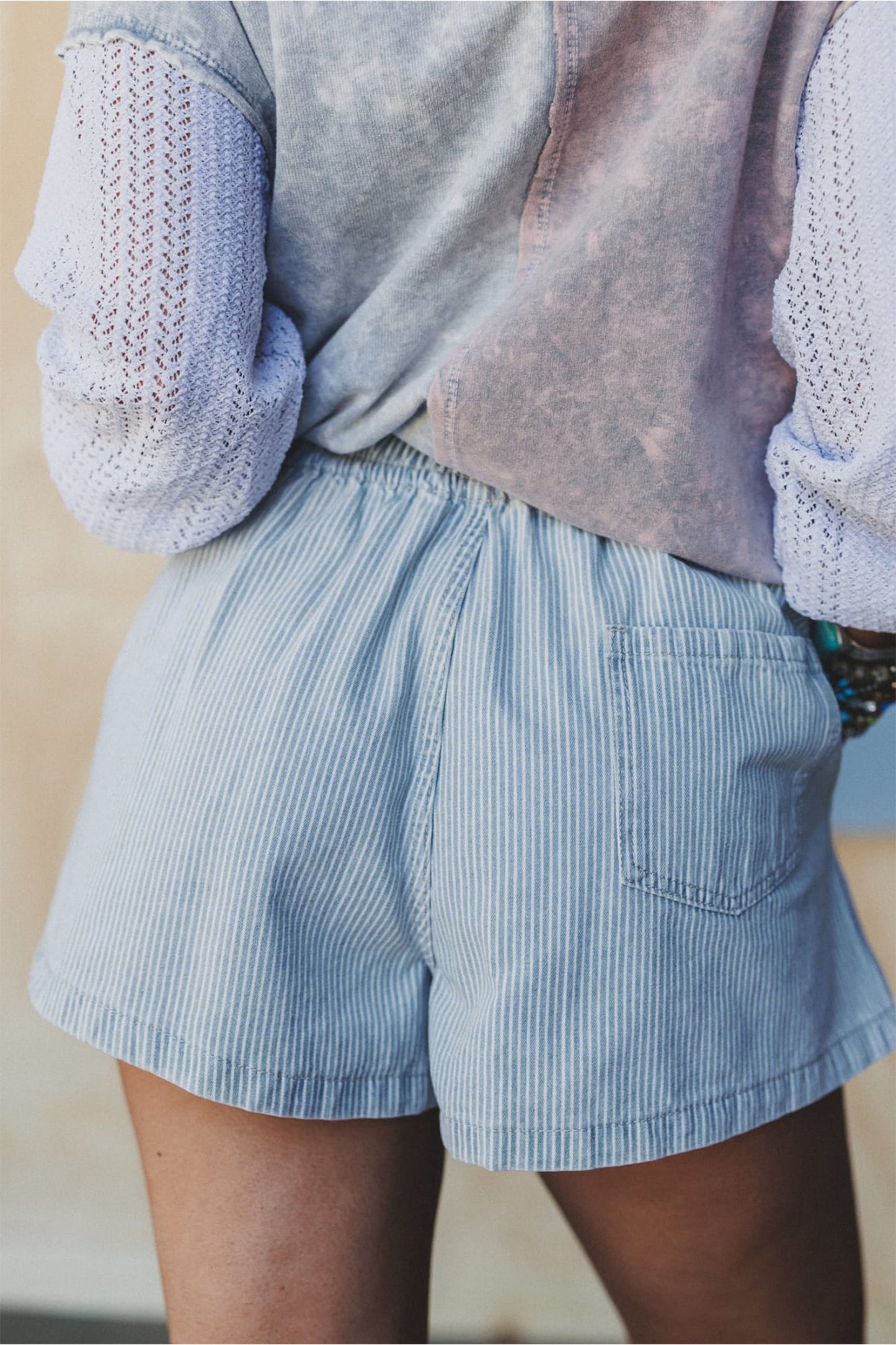 Pink Stripe Drawstring Elastic Waist Casual Denim Shorts
