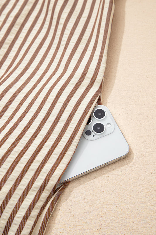 Khaki Stripe Square Button Leopard Trim Loose Bracelet Sleeve Shirt Dress