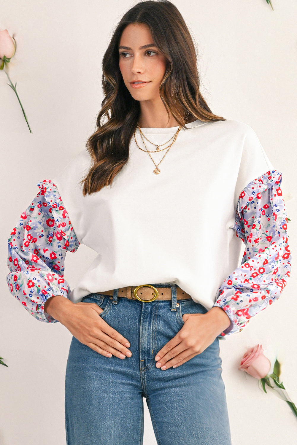 White Floral Ruffle Balloon Sleeve Patchwork Loose Blouse