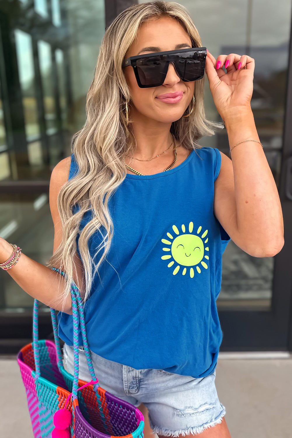 Blue Sun Graphic Summer Tank Top