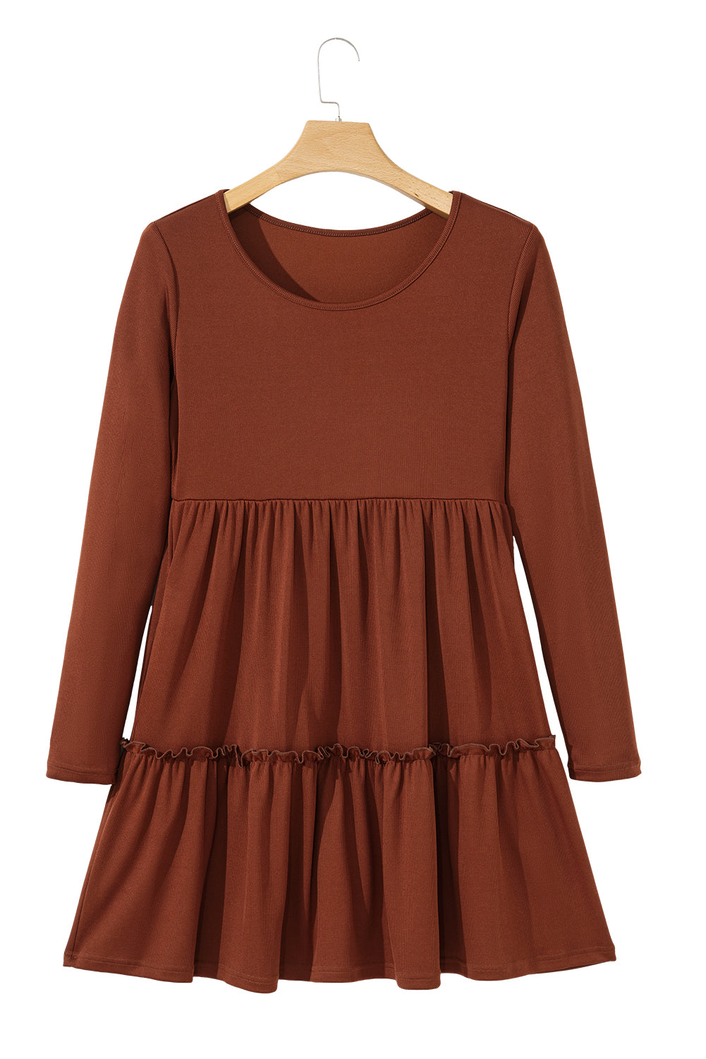 Straw Yellow Ribbed Frilled Trim High Waist Long Sleeve Mini Dress