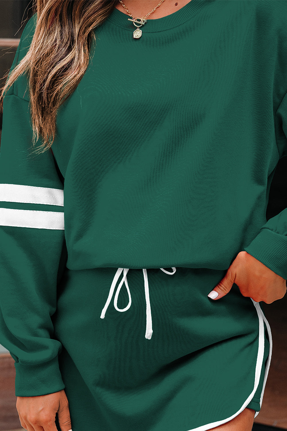 Evergreen Varsity Stripe Detail Drop Shoulder Pullover Mini Skort Set