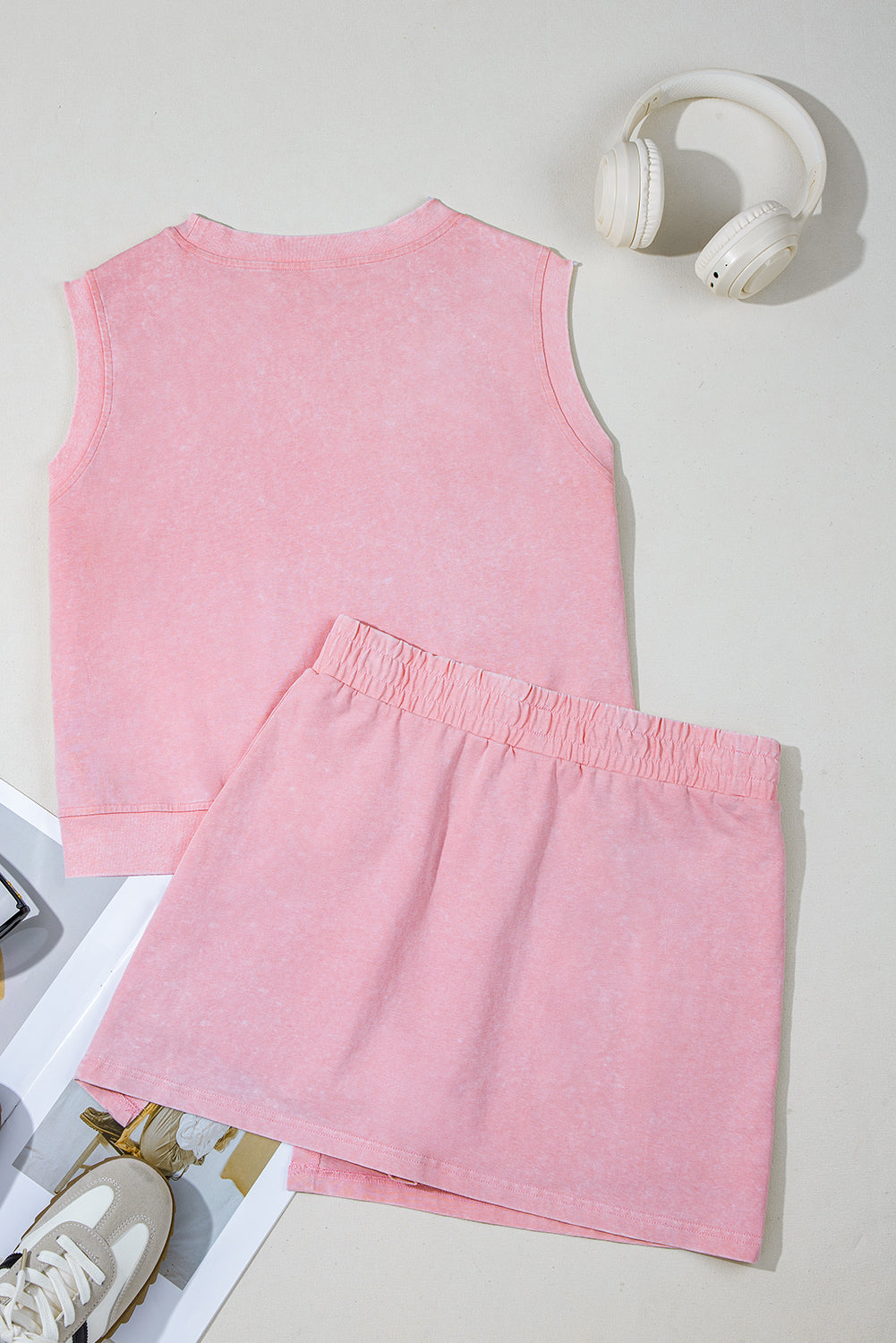 Yellow Cream 2 Pieces Mineral Wash Cotton Tank Top Lined Split Skort Set