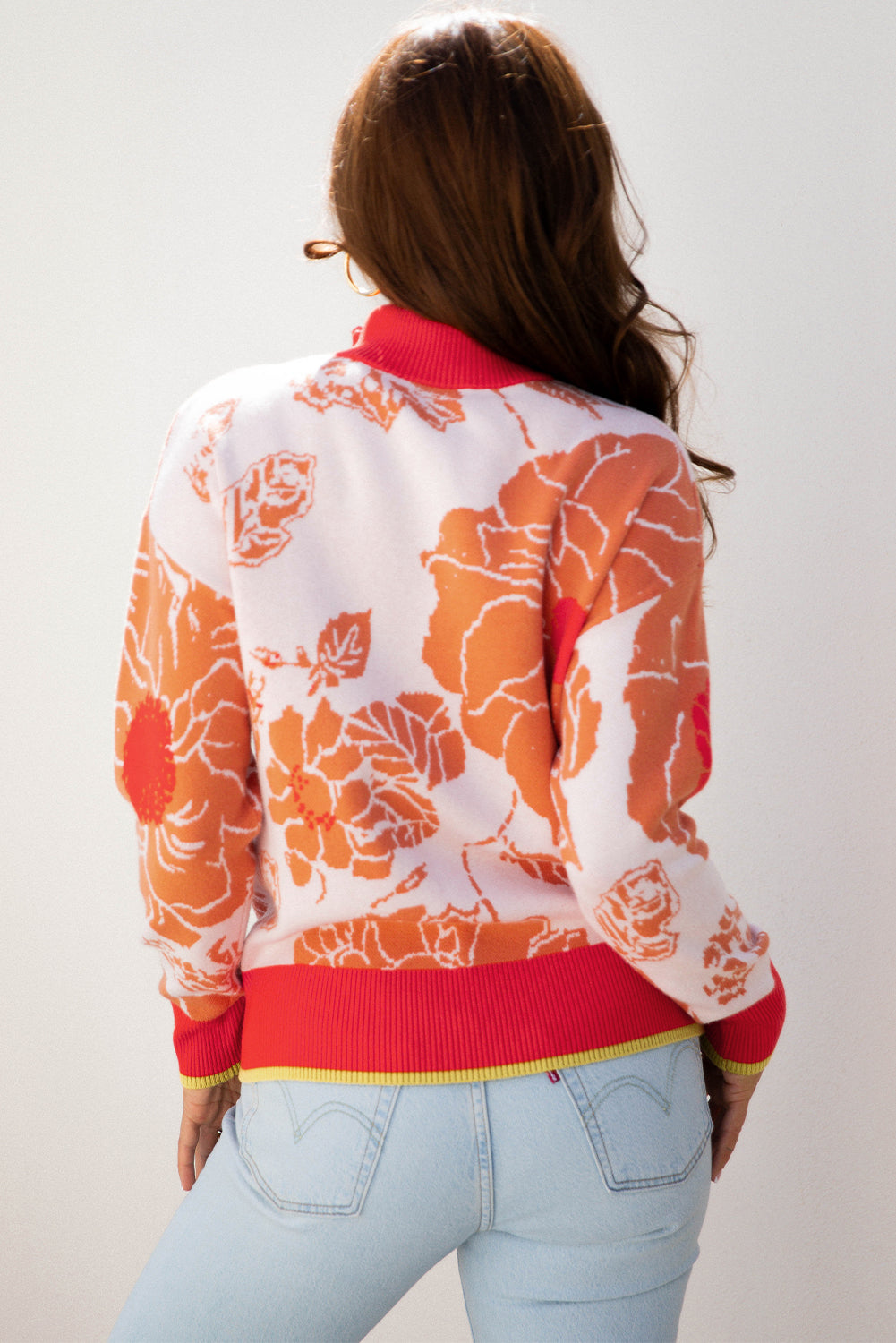 Khaki Floral Half Zip Collared Pullover Sweater