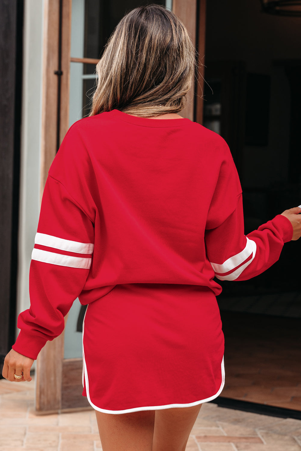 Fiery Red Varsity Stripe Detail Drop Shoulder Pullover Mini Skort Set