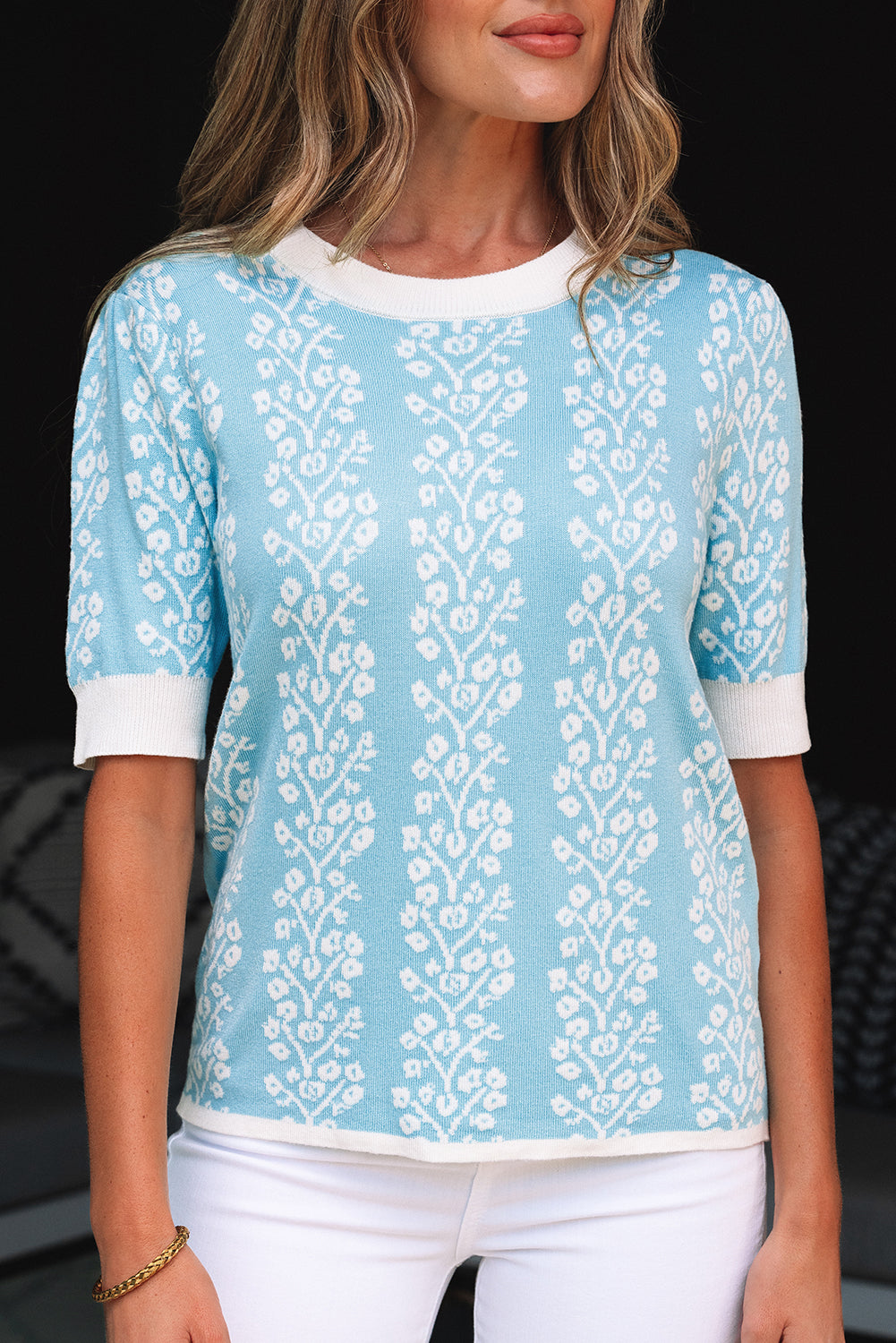 Sky Blue Contrast Floral Crewneck Short Sleeve Sweater