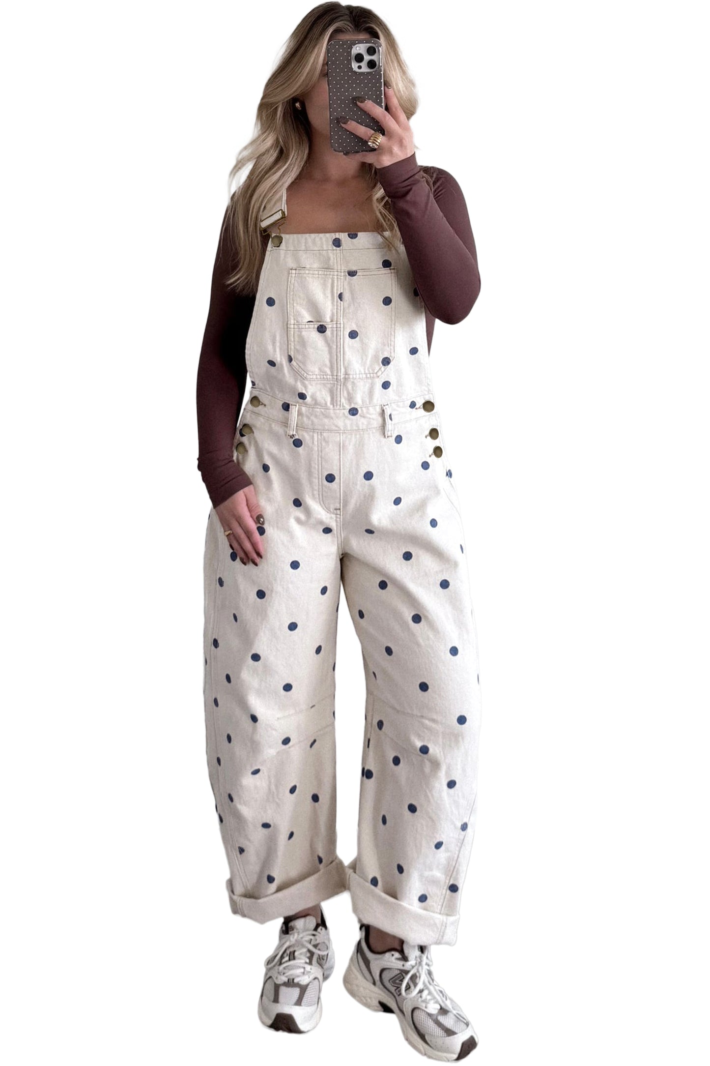 Light French Beige Polka Dot Print Bib Pocket Denim Barrel Overalls Jumpsuit