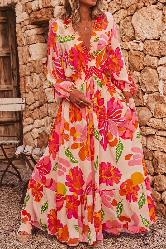 Beige Floral Print Shirred Detail Puff Sleeve Flowy Maxi Dress