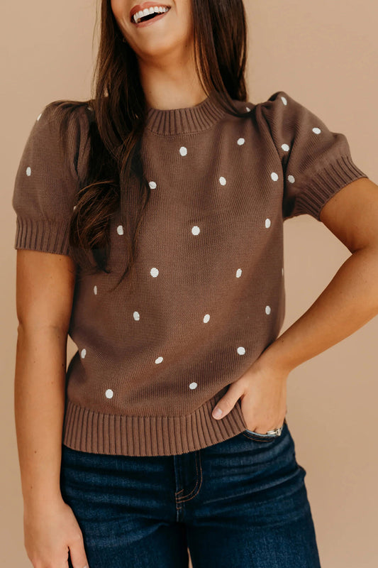 Chestnut Elegant Polka Dot Bubble Short Sleeve Sweater