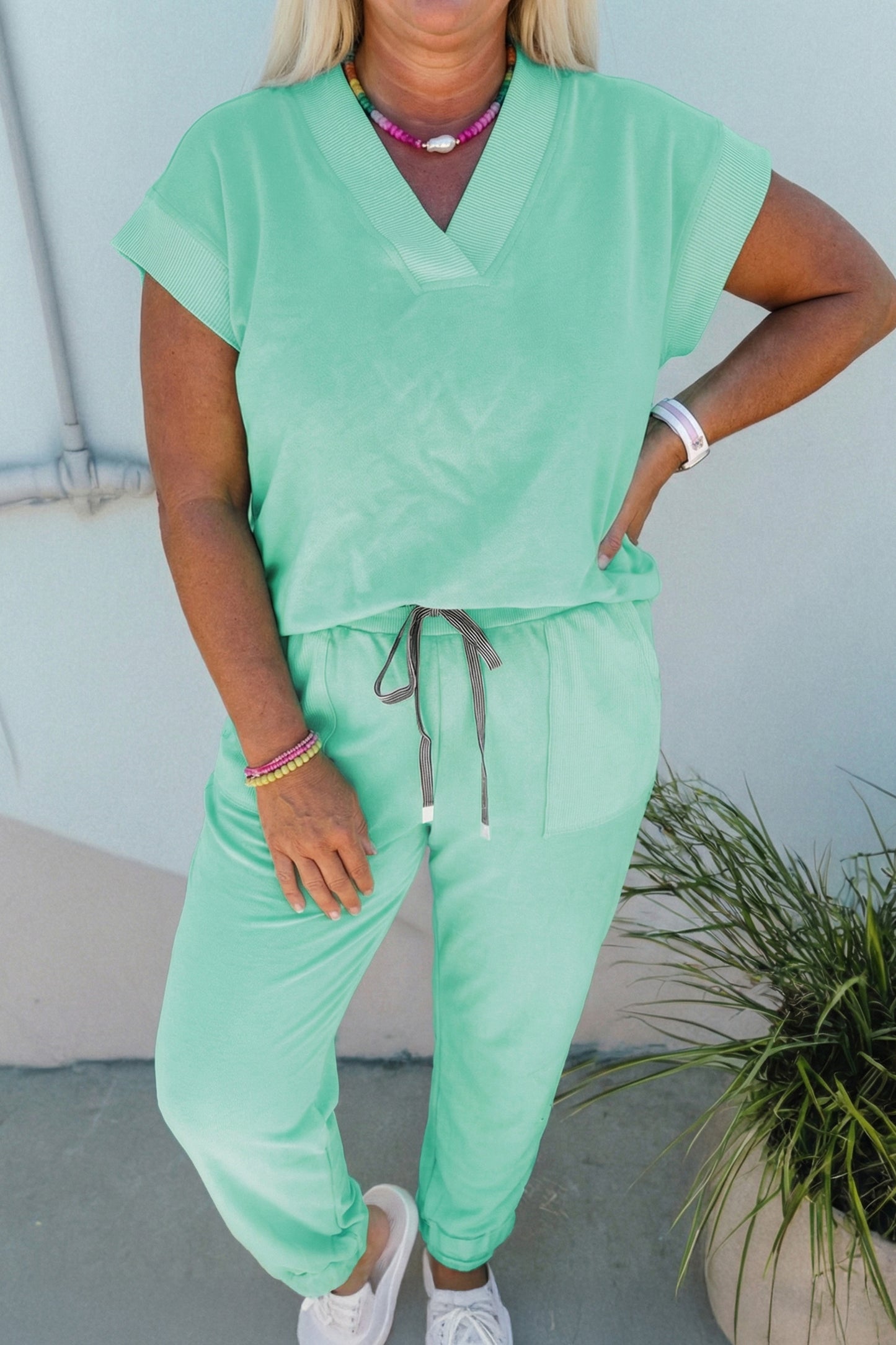Bonbon Solid V-Neck Tee and Drawstring Plus Size Pants Set