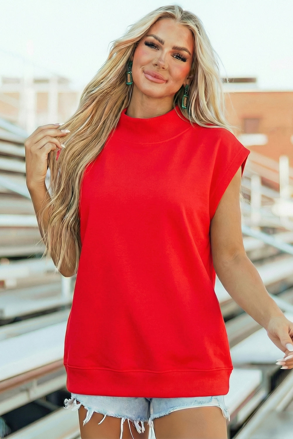 White Solid Color High Neck Cap Sleeve Loose Top