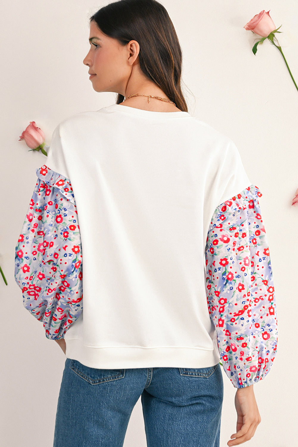 White Floral Ruffle Balloon Sleeve Patchwork Loose Blouse