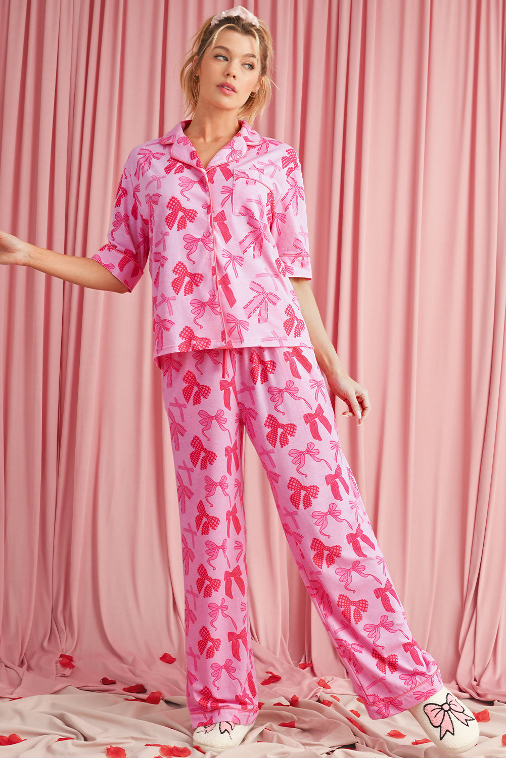 Pink Bow Knot Print Lapel Collar Short Sleeve and Pants Pajama Set