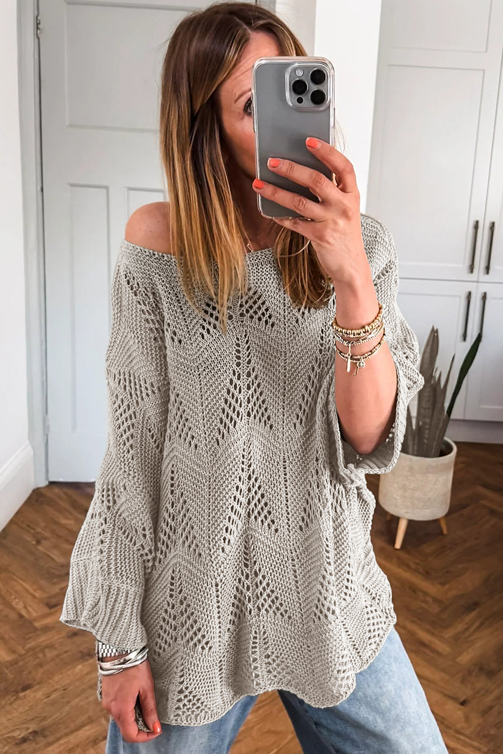 Seagrass Hollow Out Knit 3/4 Sleeve Loose Sweater