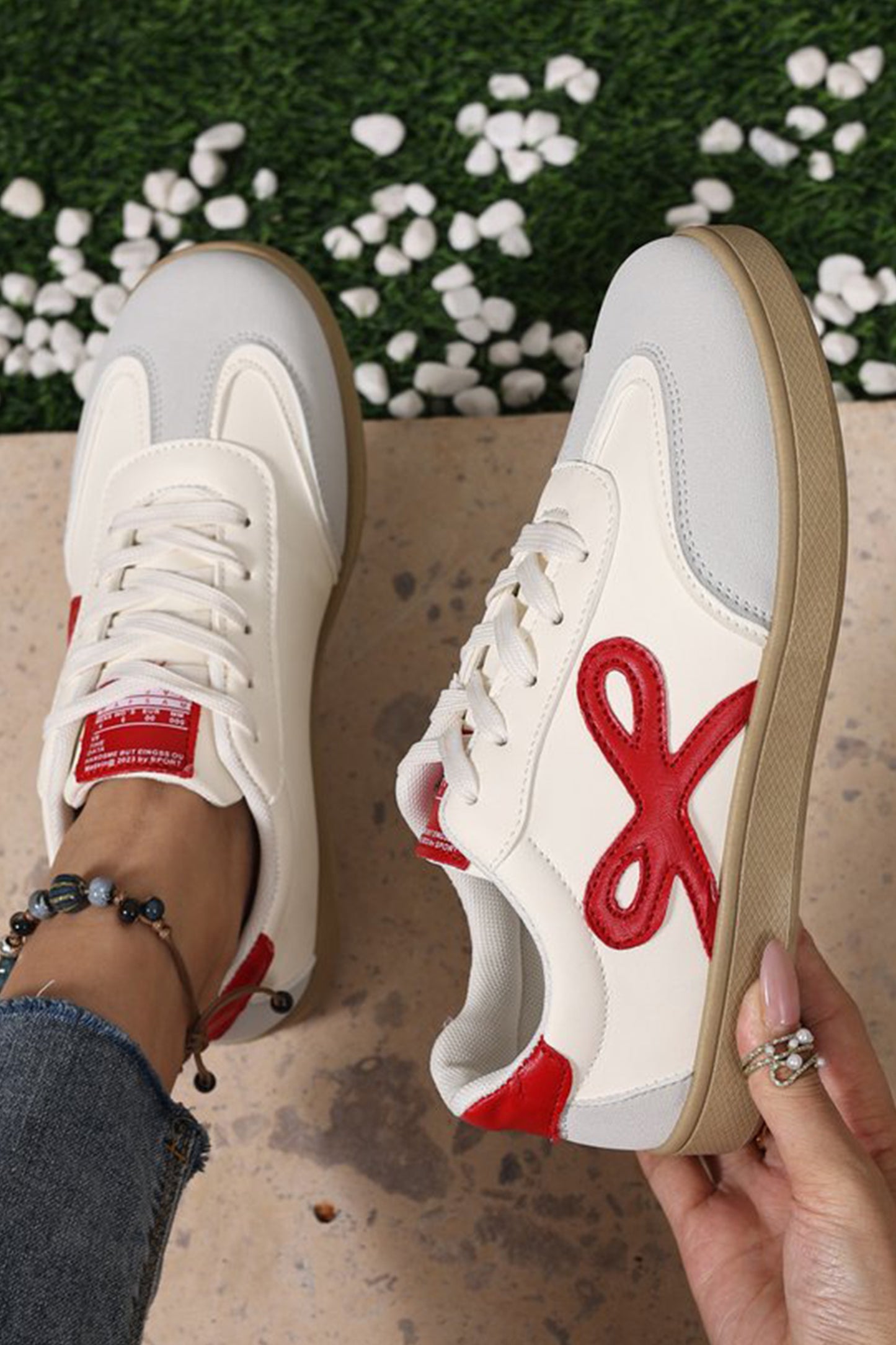 Fiery Red Cute Bow Patch Color Block PU Leather Sneakers