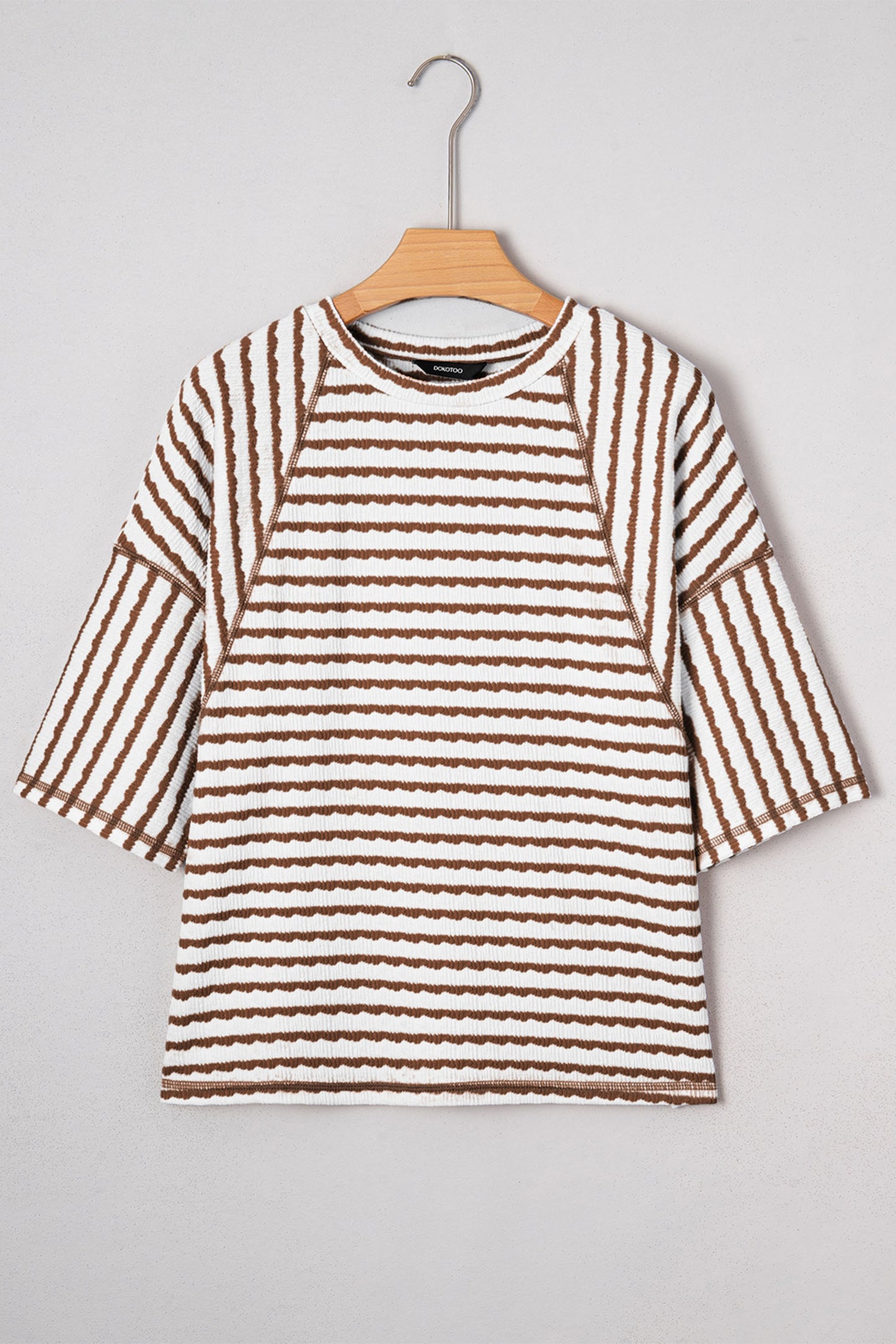 Blue Stripe Textured Knit Split Hem Half Sleeve Loose Top