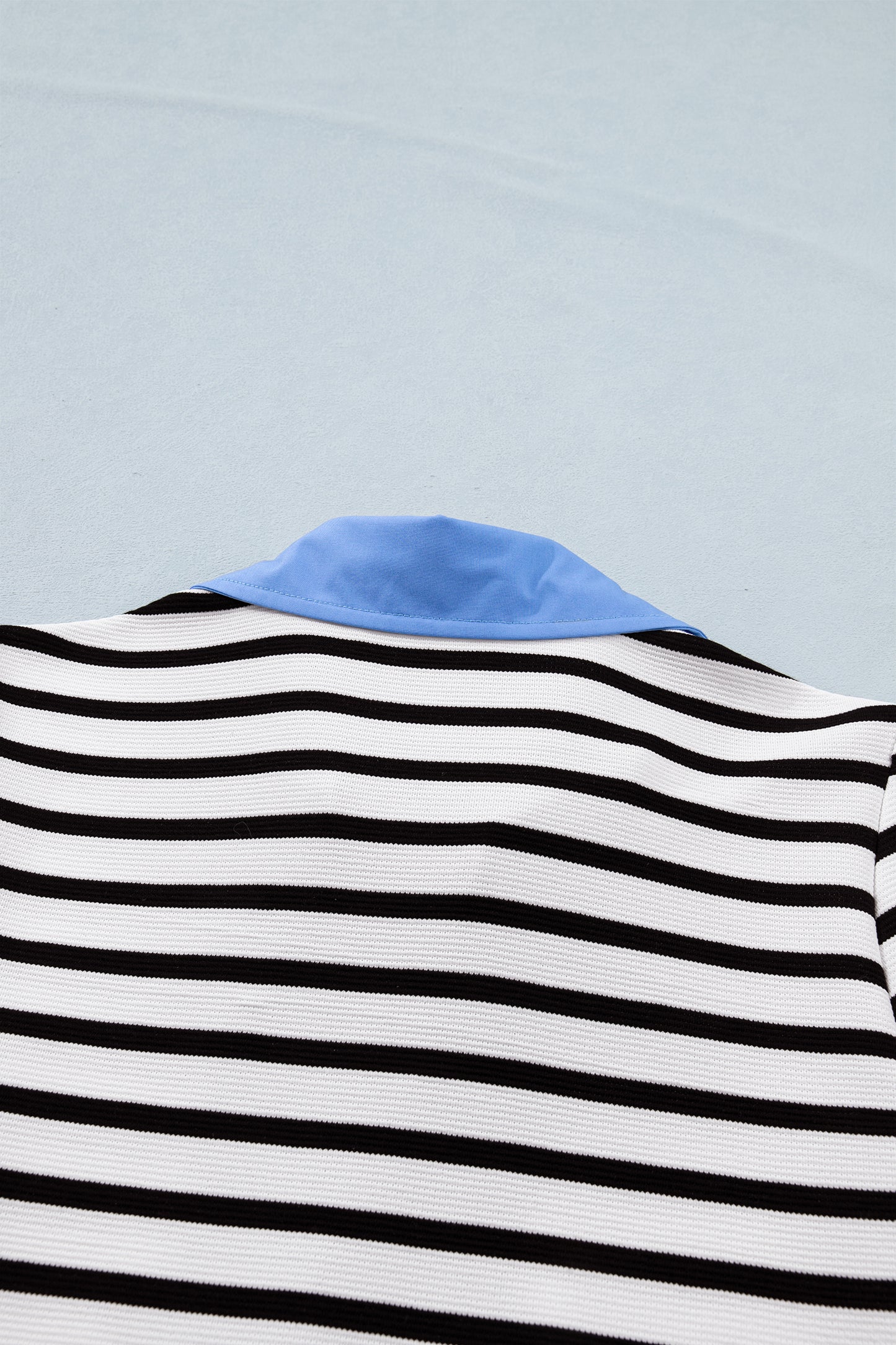 Blue Stripe Short Puff Sleeve Color Block Polo Collar Blouse