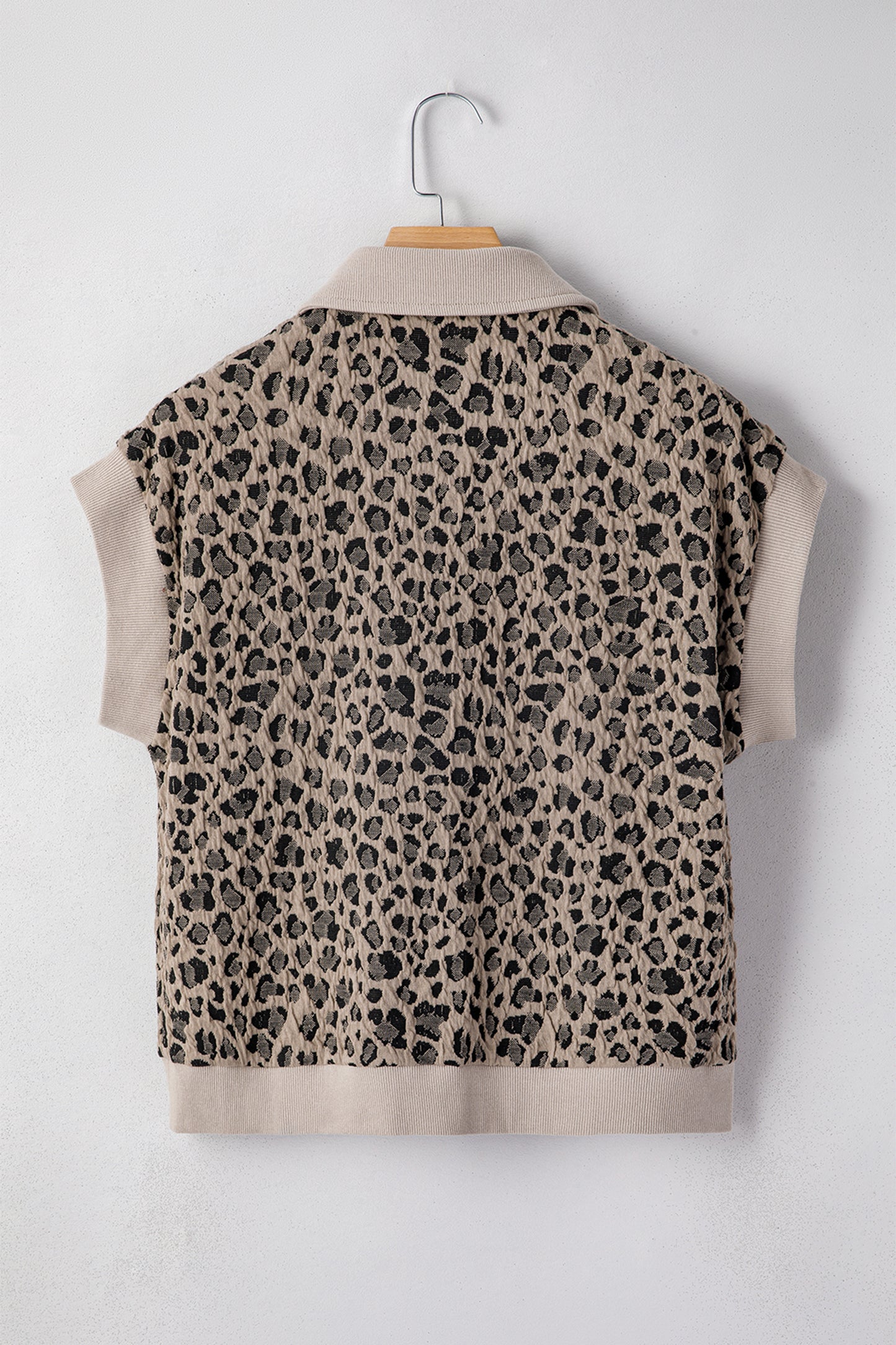 Beige Zip up Collared Leopard Cap Sleeve Top