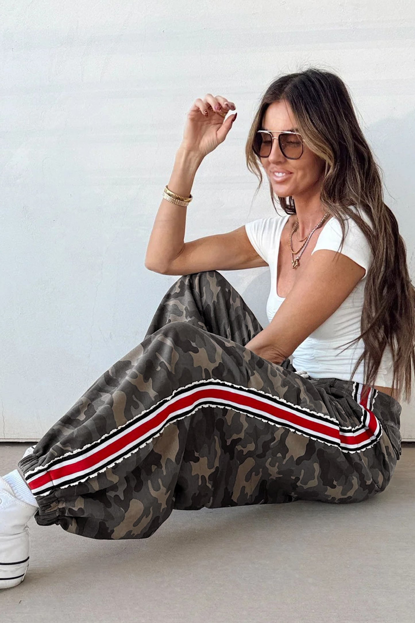 Khaki Camouflage Print Striped Side Panel Patchwork Drawstring Pants