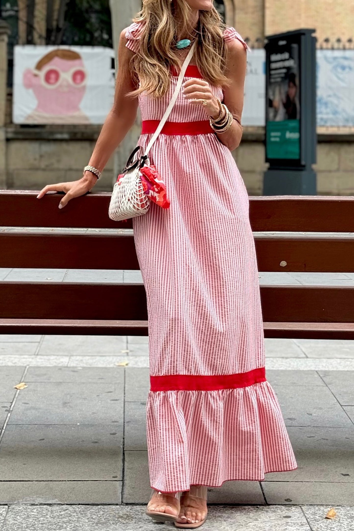 Red Stripe Bow Knot Straps Contrast Trim High Waist Ruffle Hem Maxi Dress