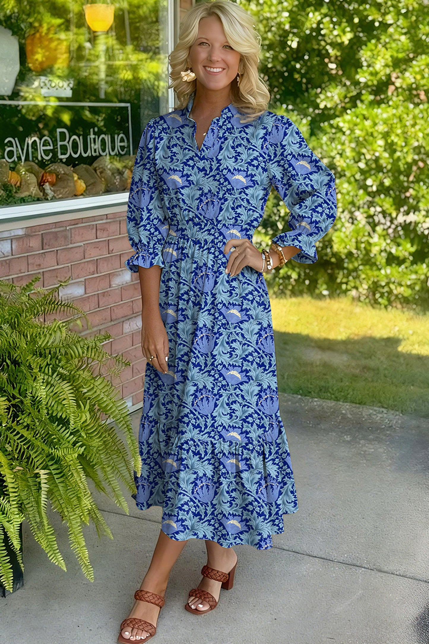 Sky Blue Floral Printed Frilled V Neck Bracelet Sleeve Long Dress