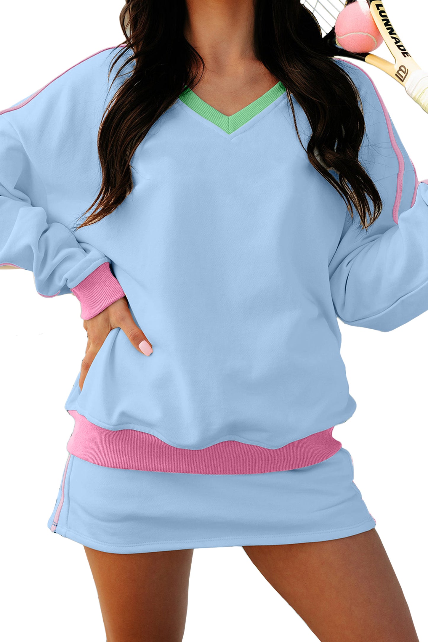 Beige Ribbed Colorblock Trim V Neck Sporty Pullover Mini Skort 2pcs Athleisure Set