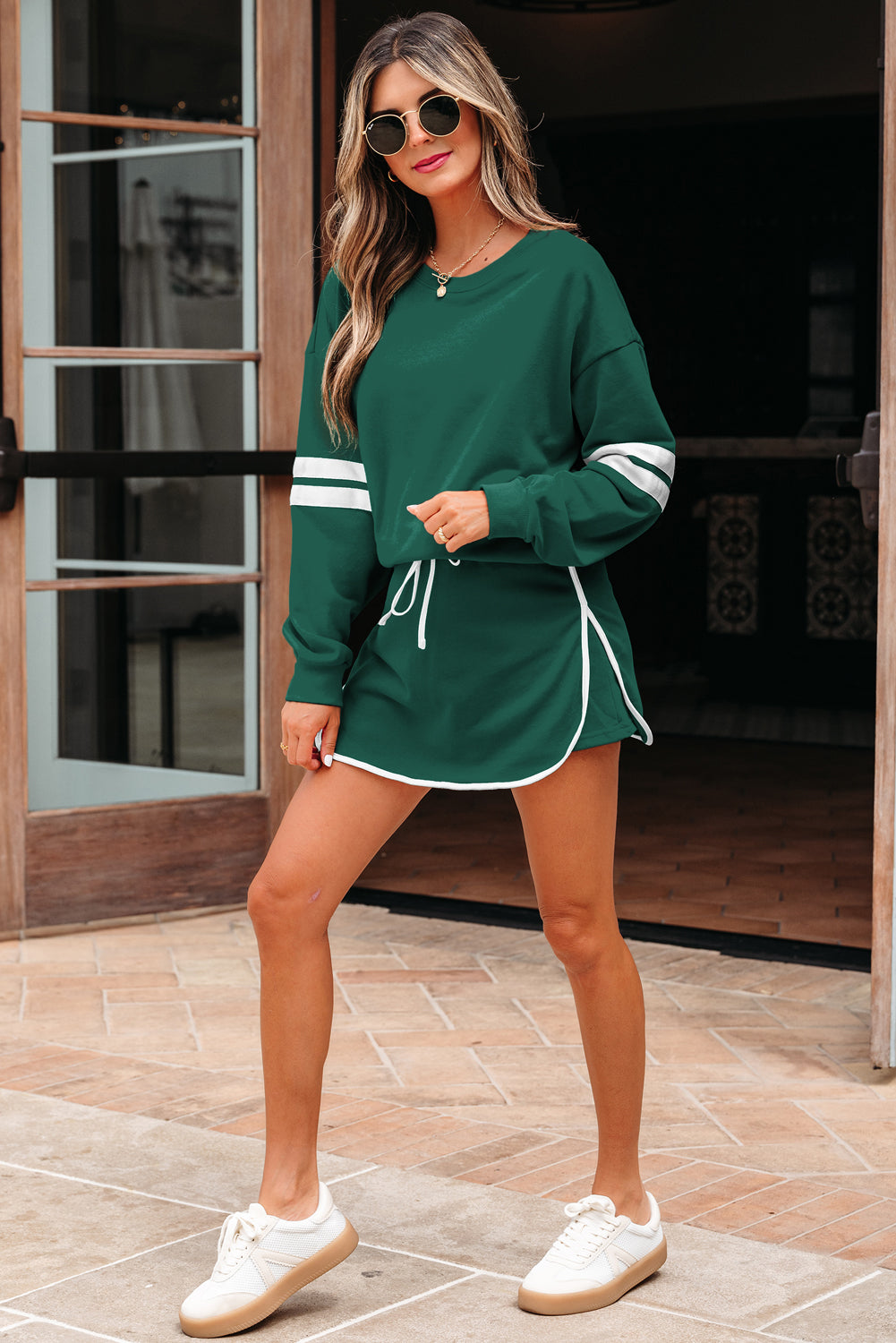 Evergreen Varsity Stripe Detail Drop Shoulder Pullover Mini Skort Set