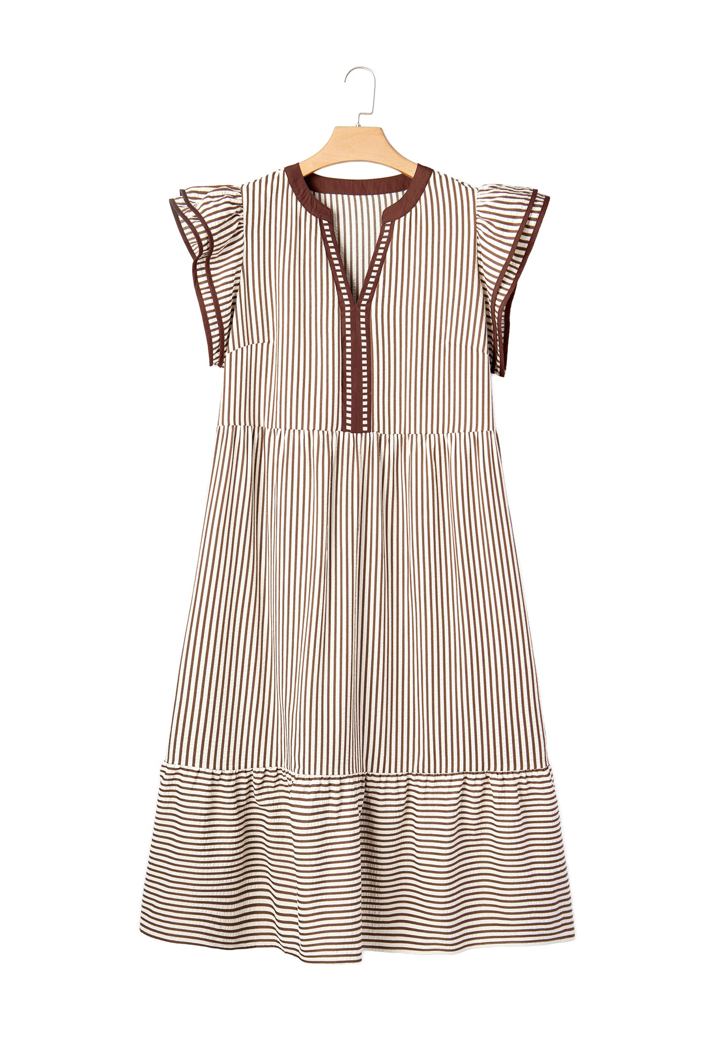 Black Stripe Plus Size Slit V Neck Tiered Flutter Sleeve Maxi Dress