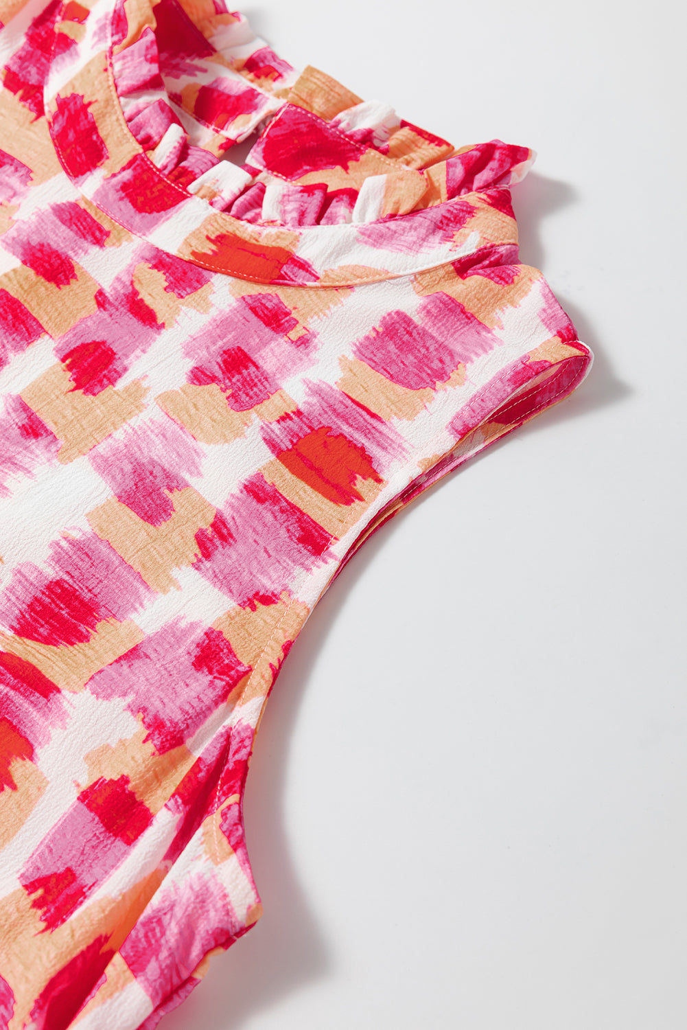 Pink Abstract Print Frill Neck Sleeveless Mini Dress
